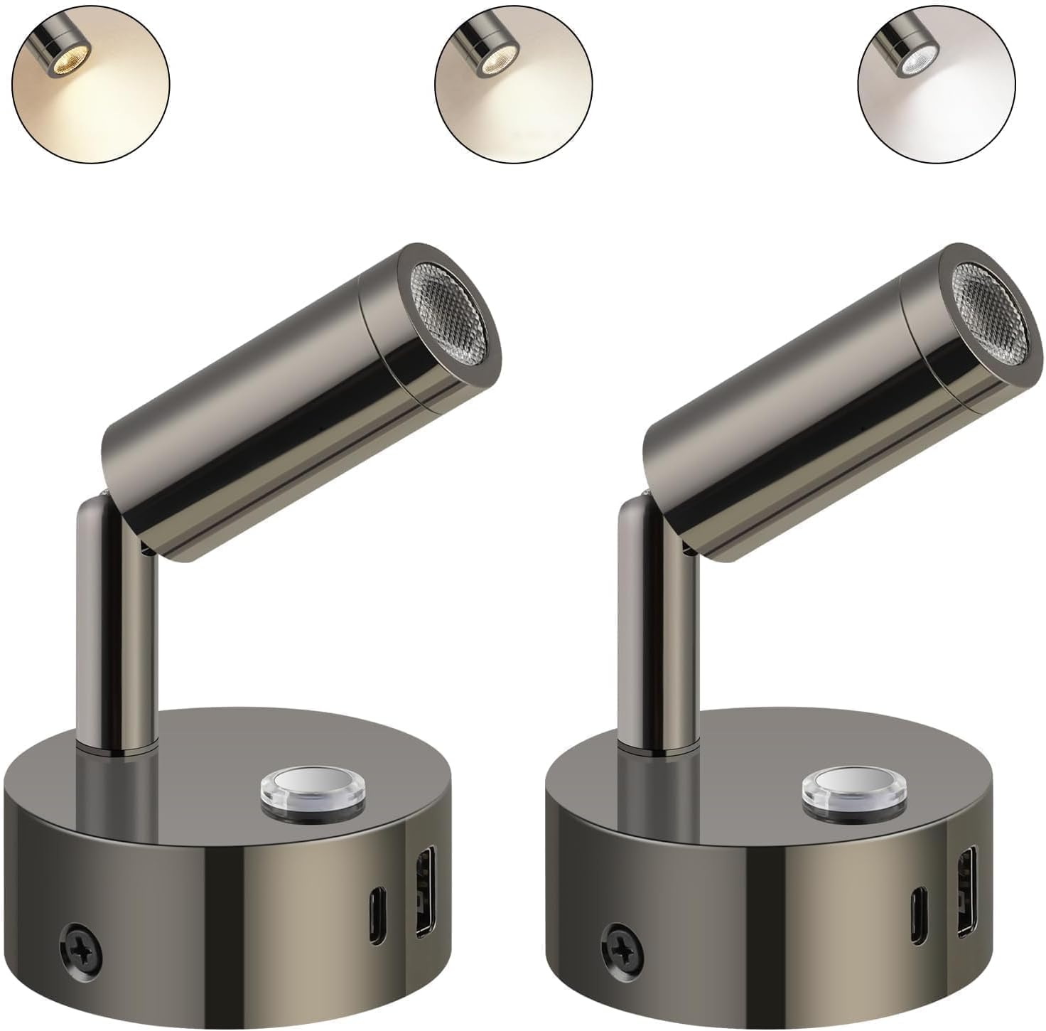 Lampki do czytania LED, zestaw 2 sztuk, ściemnialne (3000K-6000K), z interfejsem USB A+C, odpowiednie do łodzi, samochodów i vanów.