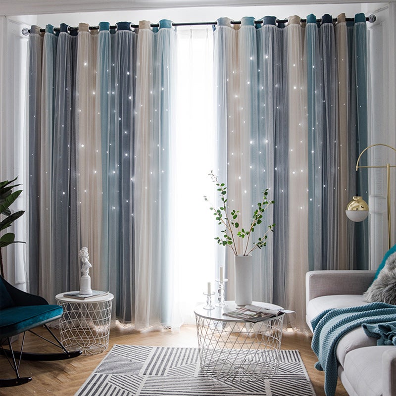 Dwuwarstwowe zasłony zaciemniające z wydrążonym wzorem w gwiazdy (niebiesko-żółte, 1,5 m x 2 m wysokości, 2 sztuki), odpowiednie do stosowania w salo