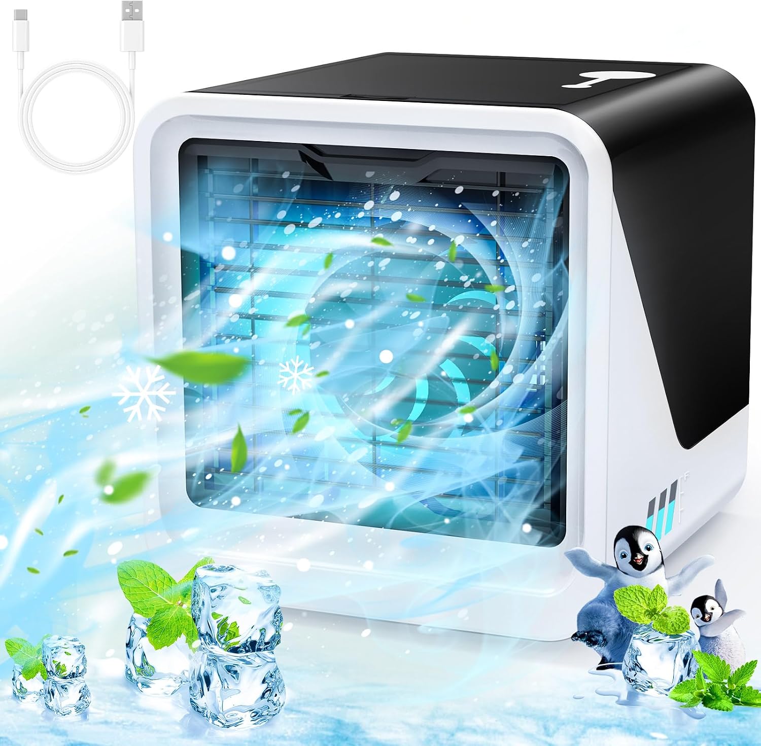 Przenośny klimatyzator 3 w 1, cichy wentylator, 3 prędkości, USB, bez spalin, do domu/na kemping