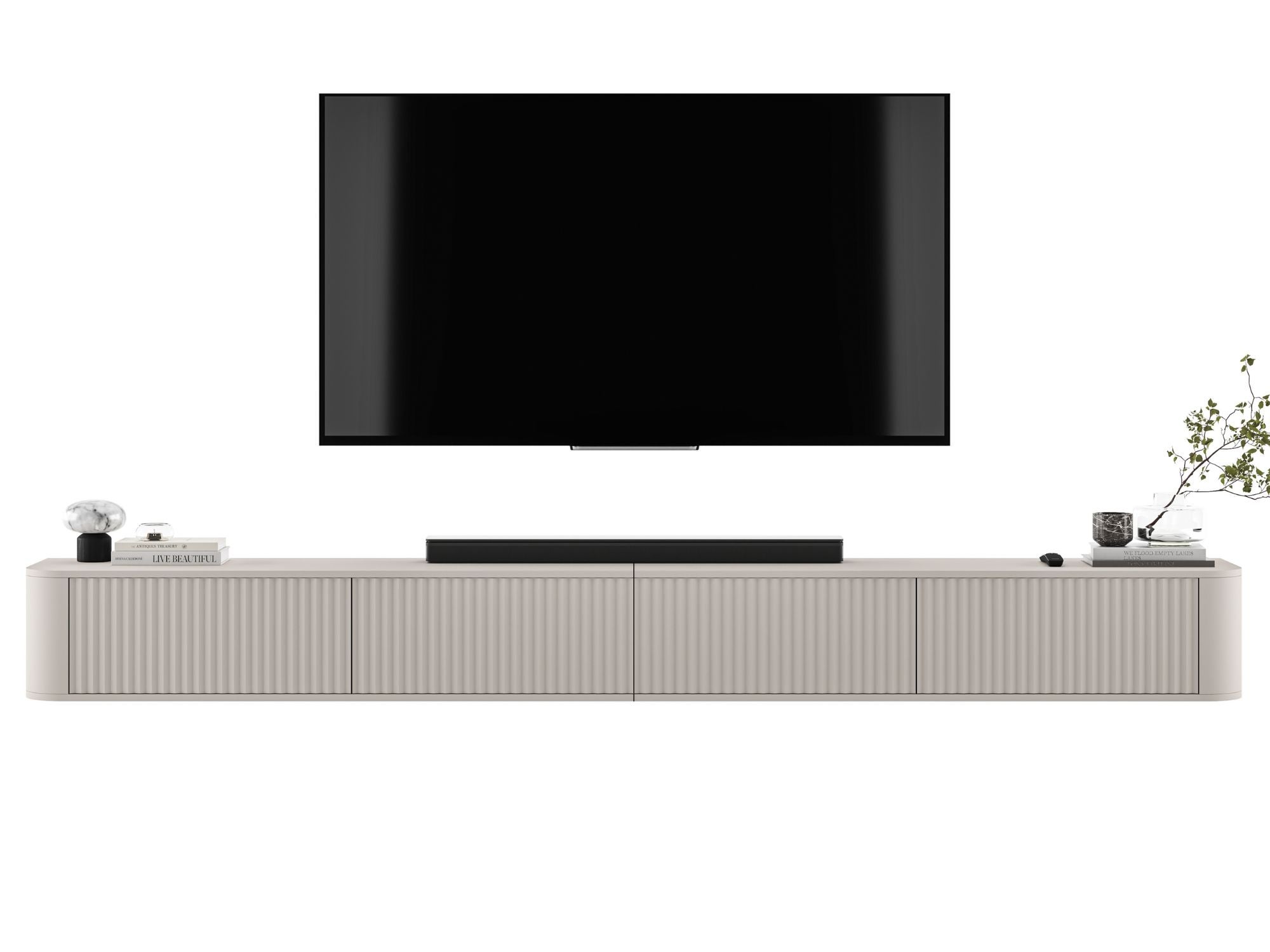 Wisząca szafka RTV Glamour 280 cm kaszmir mat, ryflowane fronty, nowoczesna komoda RTV