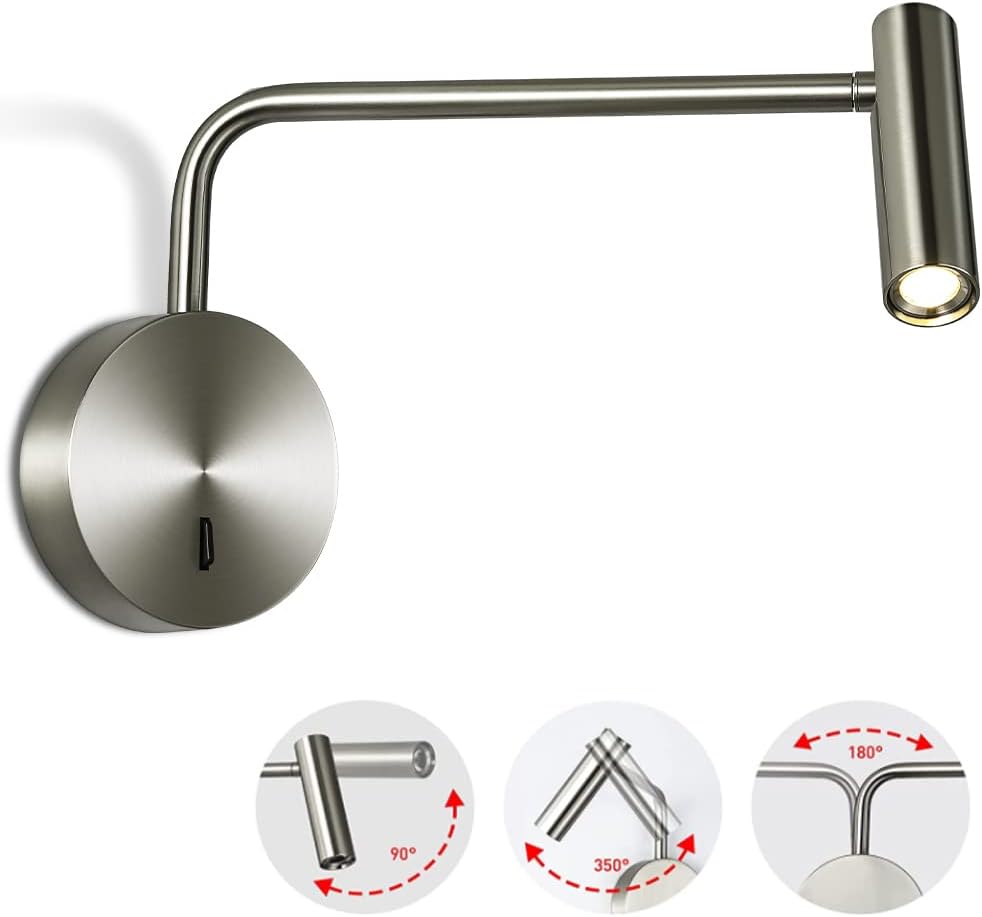 Minimalistyczna Lampa Ścienna LED do Czytania 3W, srebrna, 4000K, do Sypialni/Hotelu/Biura