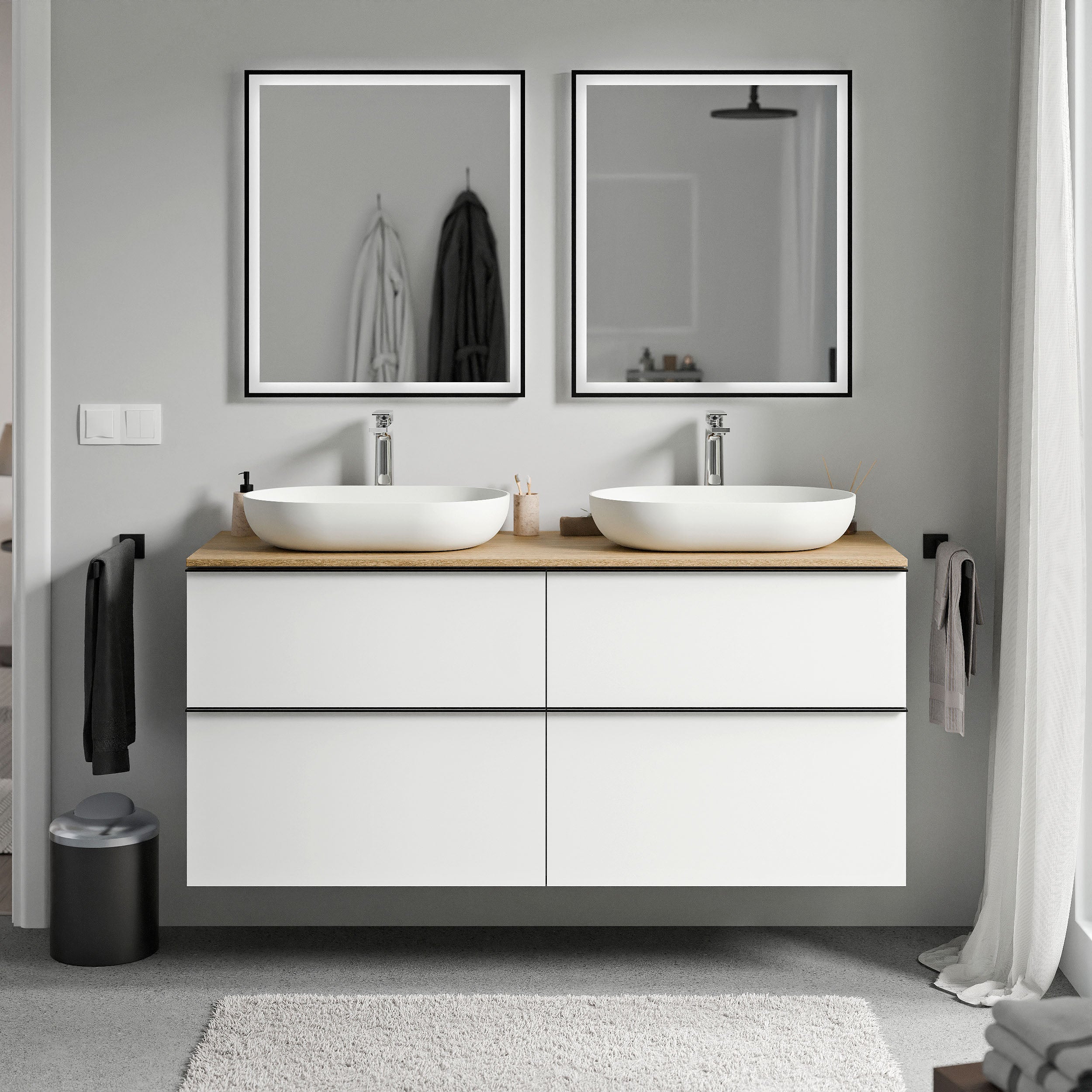 Bernstein LAVOA Szafka pod umywalkę wisząca MDF biały mat - Blat dąb miodowy - Uchwyty czarne - 140x46x62cm