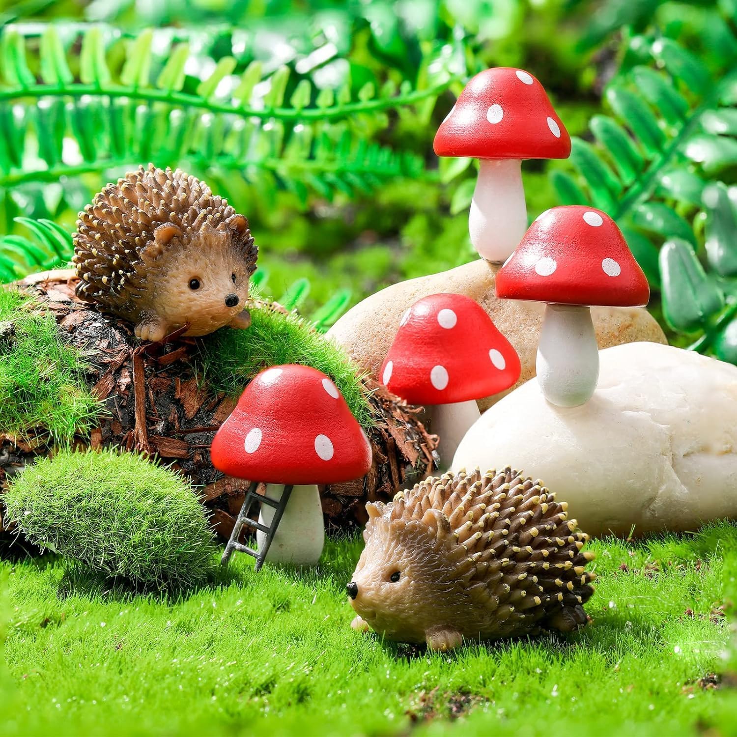 6 sztuk miniaturowych akcesoriów ogrodowych z żywicy, miniaturowe figurki jeży i grzybów do dekoracji ogrodu, figurki wróżek do ogrodu, rośliny, bonsa