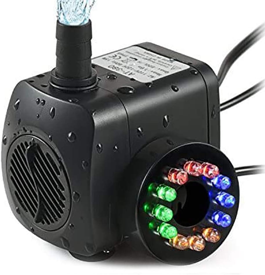 Pompa fontannowa o mocy 15 W, przepływie 1000 l/h i 12 wbudowanych diodach LED, idealna do stawów i ogrodów.