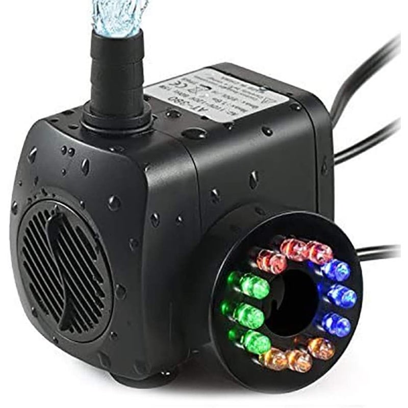 Pompa fontannowa o mocy 15 W, przepływie 1000 l/h i 12 wbudowanych diodach LED, idealna do stawów i ogrodów.