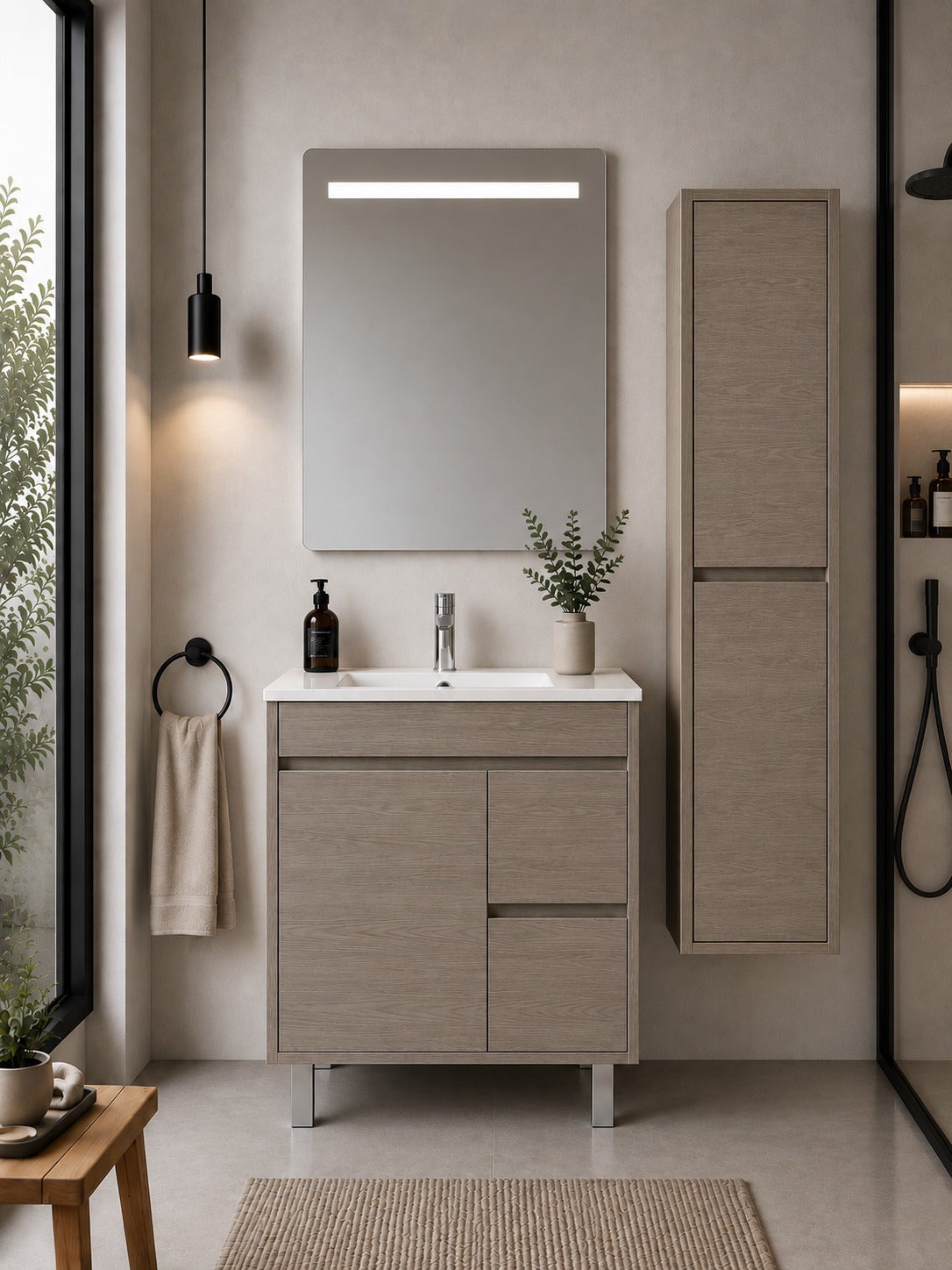 Szafka łazienkowa z umywalką ORIGENBATH ISQUIA bez lustra 60x35 cm dąb smoky z kolumną