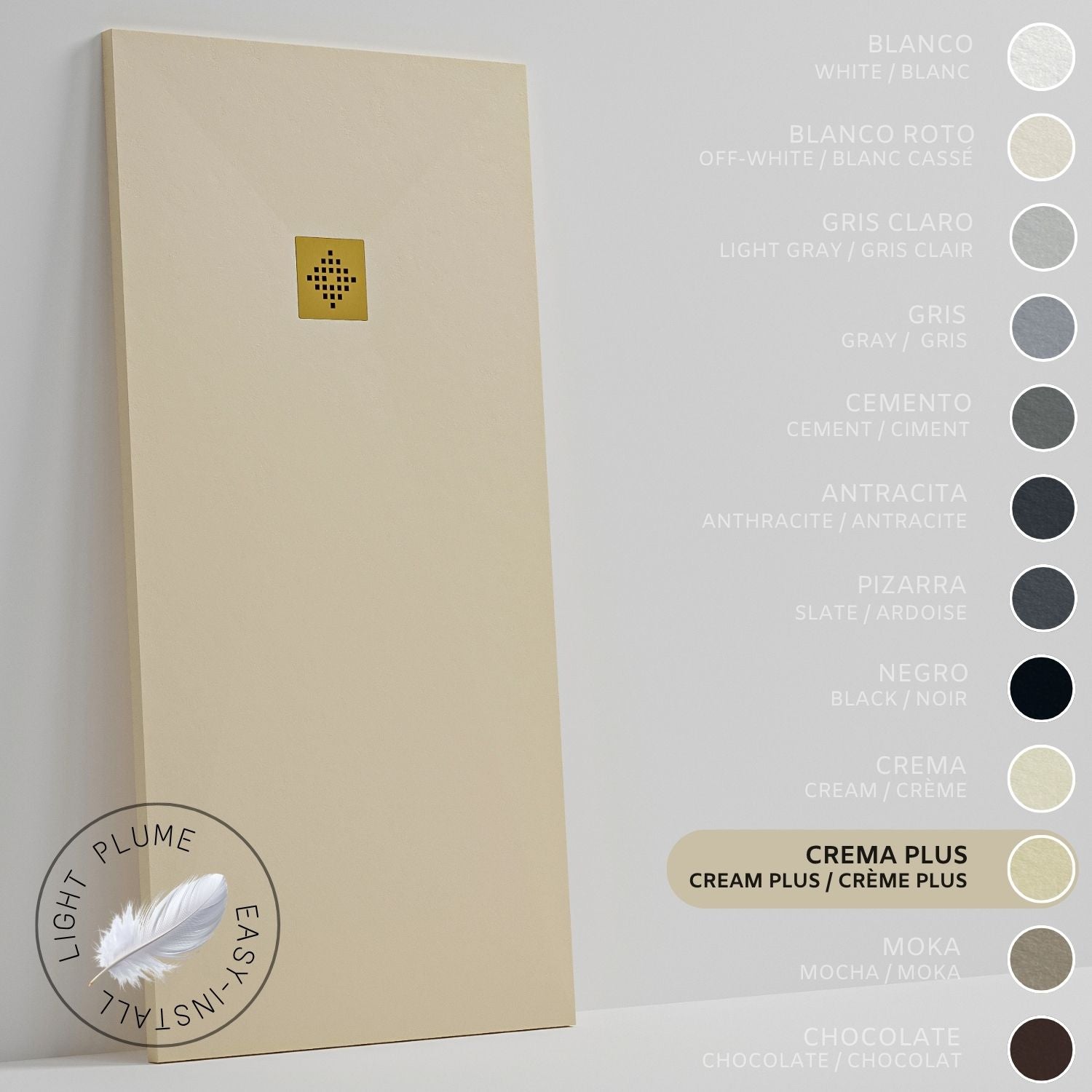 SOULHOME Lekki Brodzik z Żywicy tekstura Łupka intensywnie kremowy – 100X70- cm Ultra-płaski Zawiera Syfon i Kratkę Gold