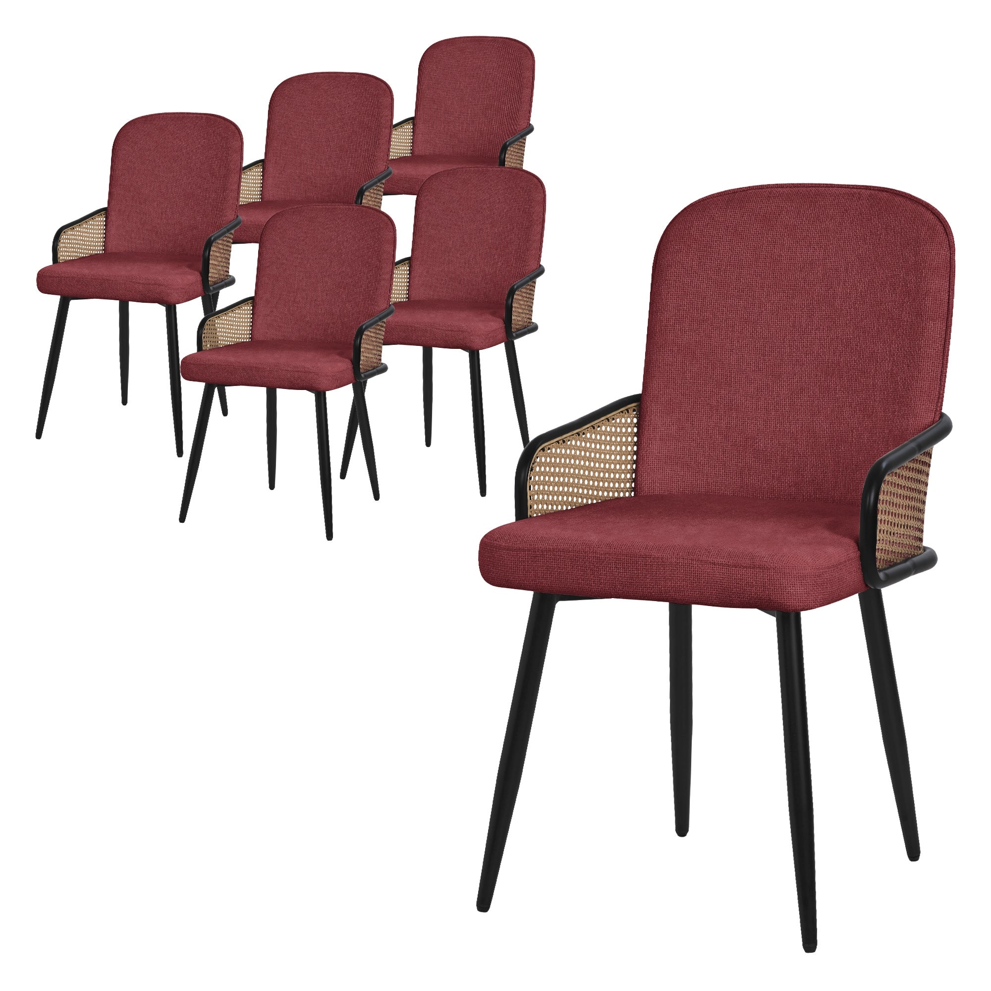 ML-Design zestaw 6 krzeseł tapicerowanych czerwony do jadalni i kuchni ergonomiczne z podłokietnikami imitacja rattanu metalowe nogi komfortowe