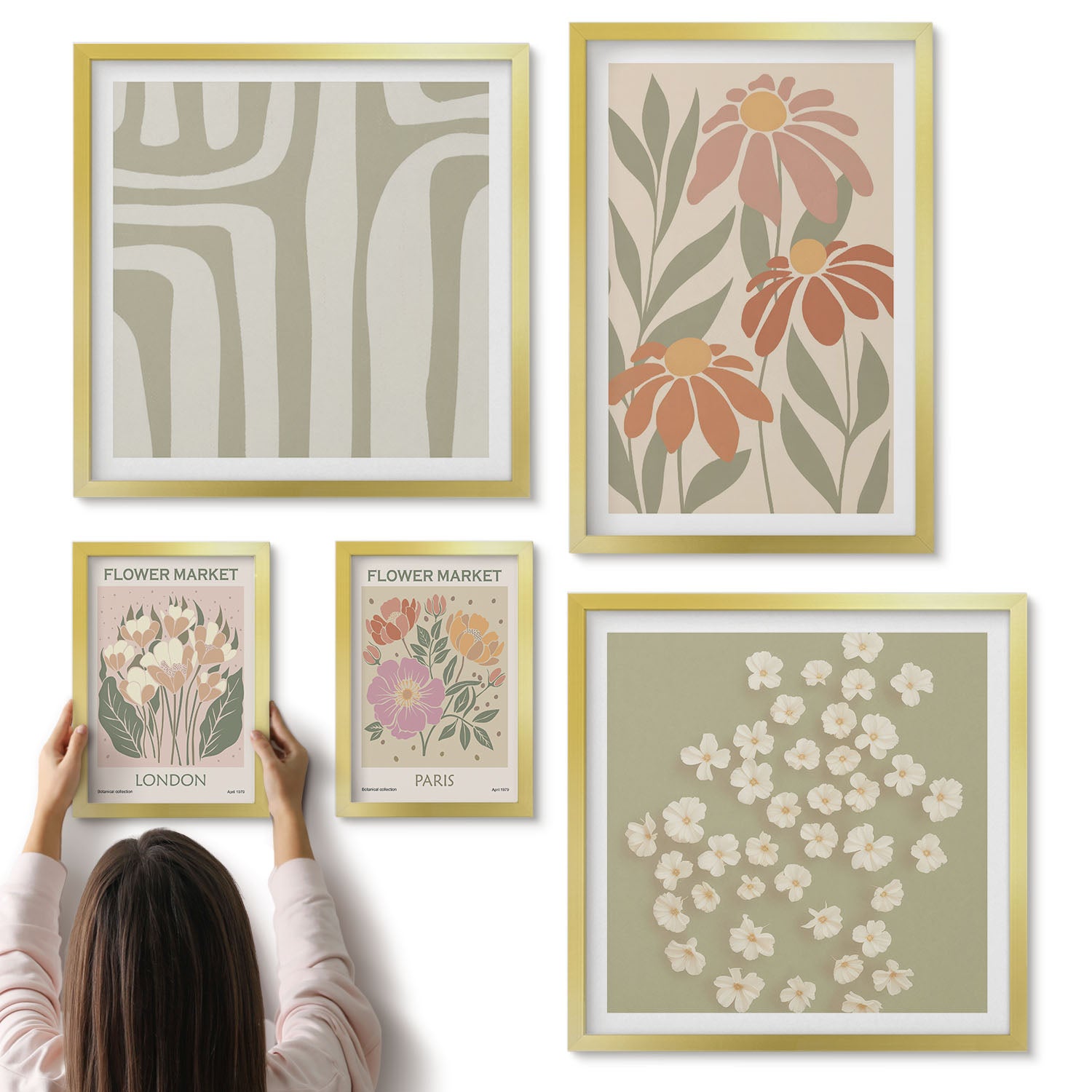 Galeria ścienna 5-częściowy komplet obrazów w złotych ramach - Kwiatowe motywy z rynków Londynu i Paryża w stylu boho - ArtPrintCave