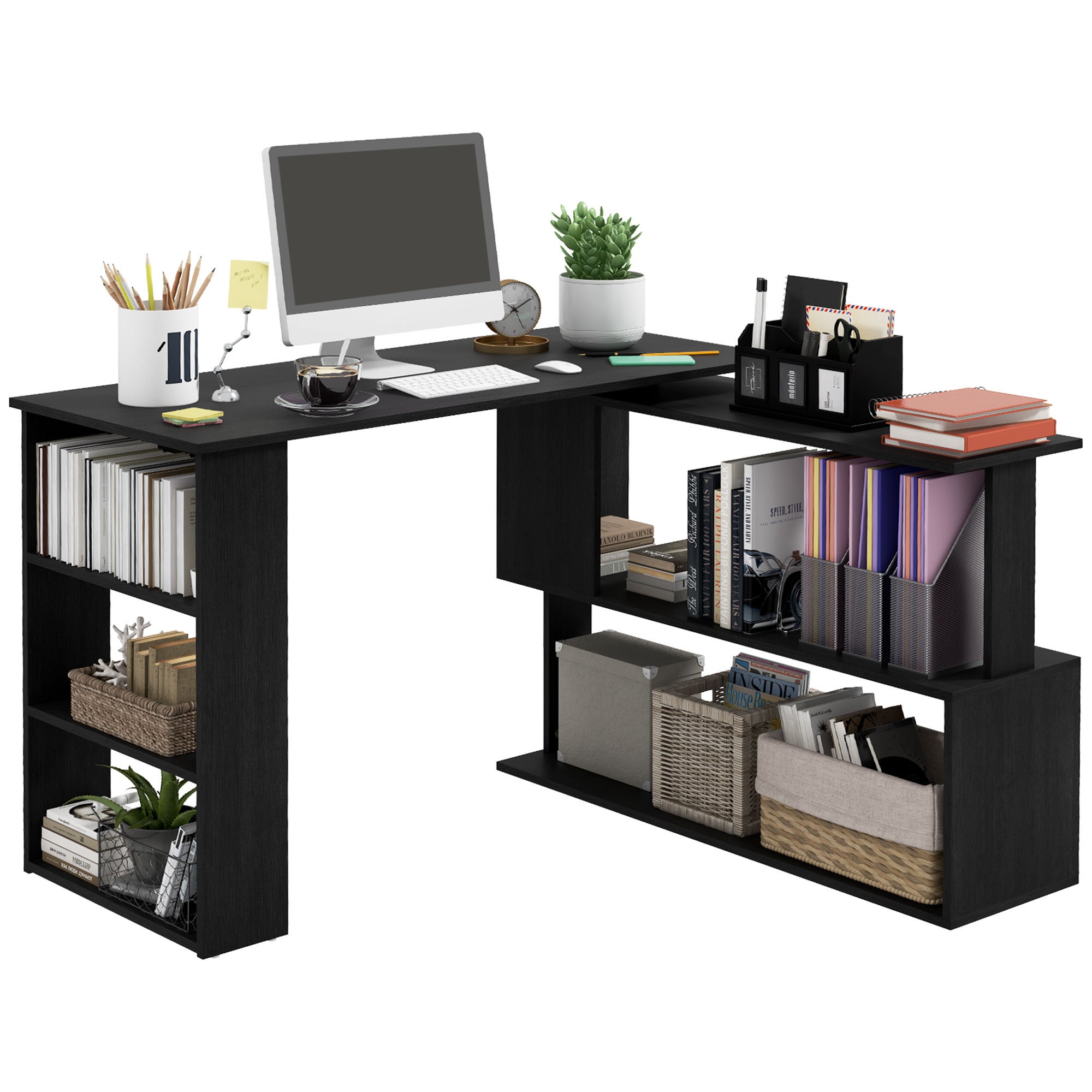 Biurko narożne z blatem obrotowym 360° i 5 półkami, 120 x 110 x 74,5 cm, czarne