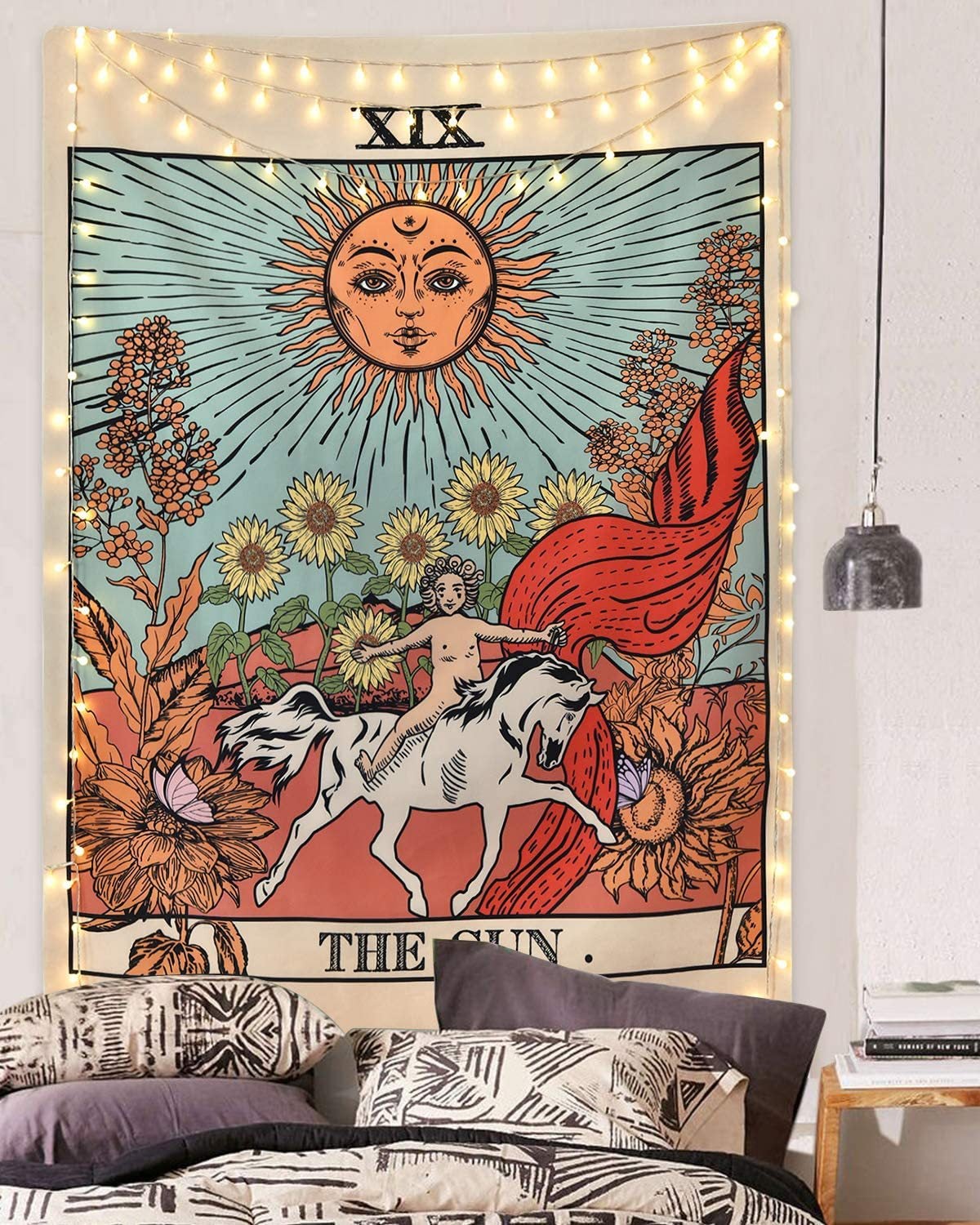 150 x 200 cm Dekoracyjna Tapestria Ścienna do Pokoju - Słońce Natura Kwiaty Tarot Horoskop Vintage Retro - 150 x 200 cm Duża - Dekoracja Panoramiczna