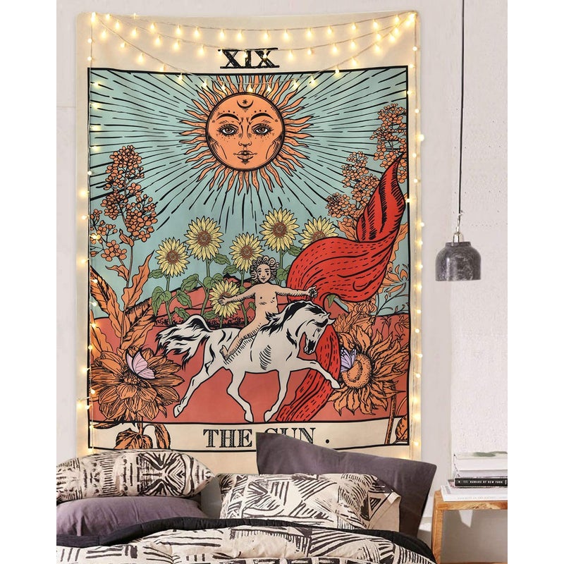 150 x 200 cm Dekoracyjna Tapestria Ścienna do Pokoju - Słońce Natura Kwiaty Tarot Horoskop Vintage Retro - 150 x 200 cm Duża - Dekoracja Panoramiczna