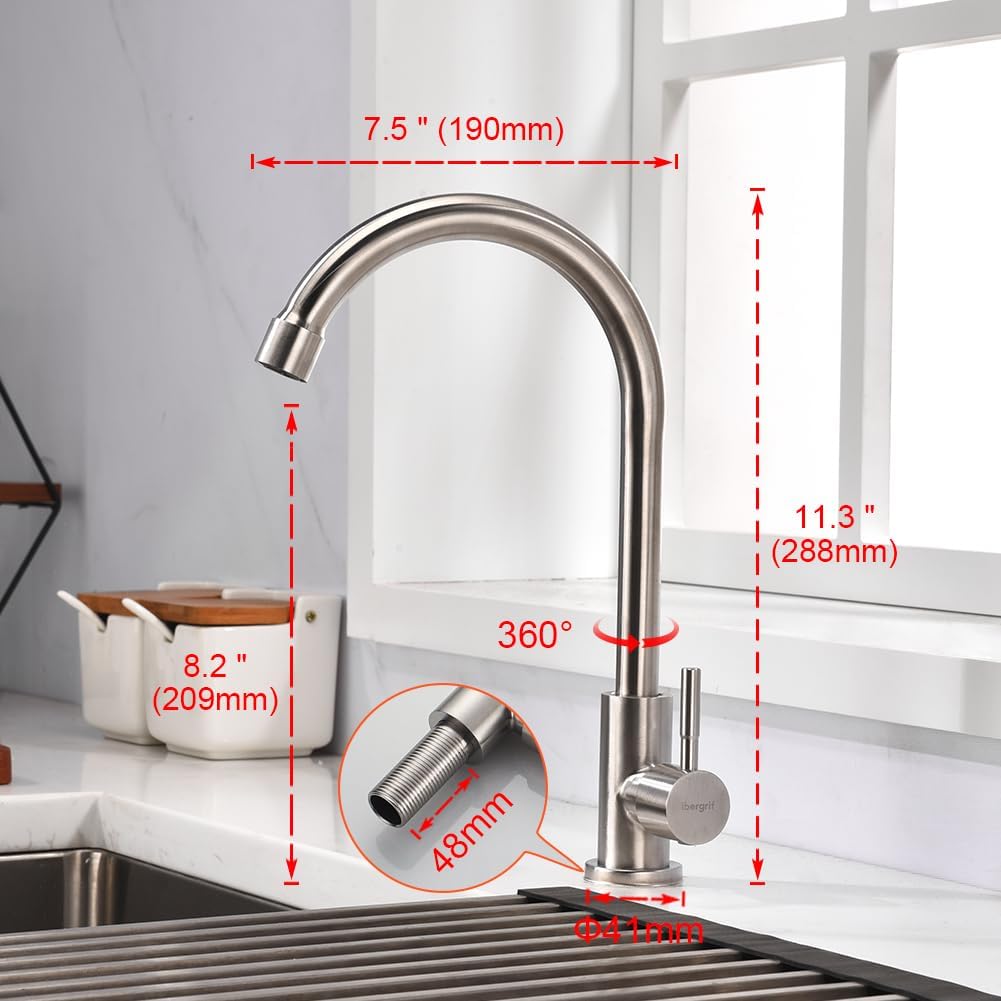 Bateria kuchenna z zimną wodą, bateria zlewozmywakowa obrotowa 360°, oszczędzająca wodę stal nierdzewna, prosty i nowoczesny design, M18703
