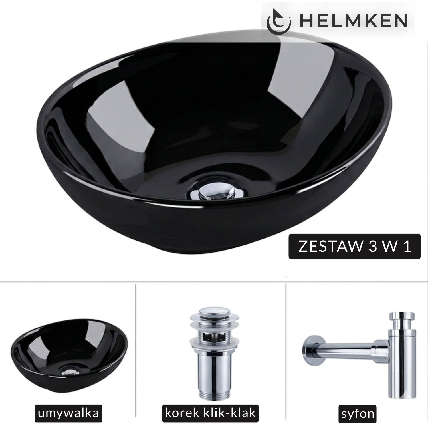 Umywalka nablatowa Helmken 65241001 (41x34) Czarna + Syfon Chrom + Korek klik-klak Chrom