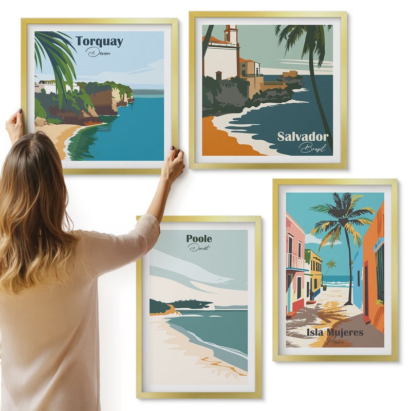 Galeria ścienna 4-częściowy komplet obrazów w złotych ramach - Tropikalne krajobrazy z plażami i palmami - ArtPrintCave