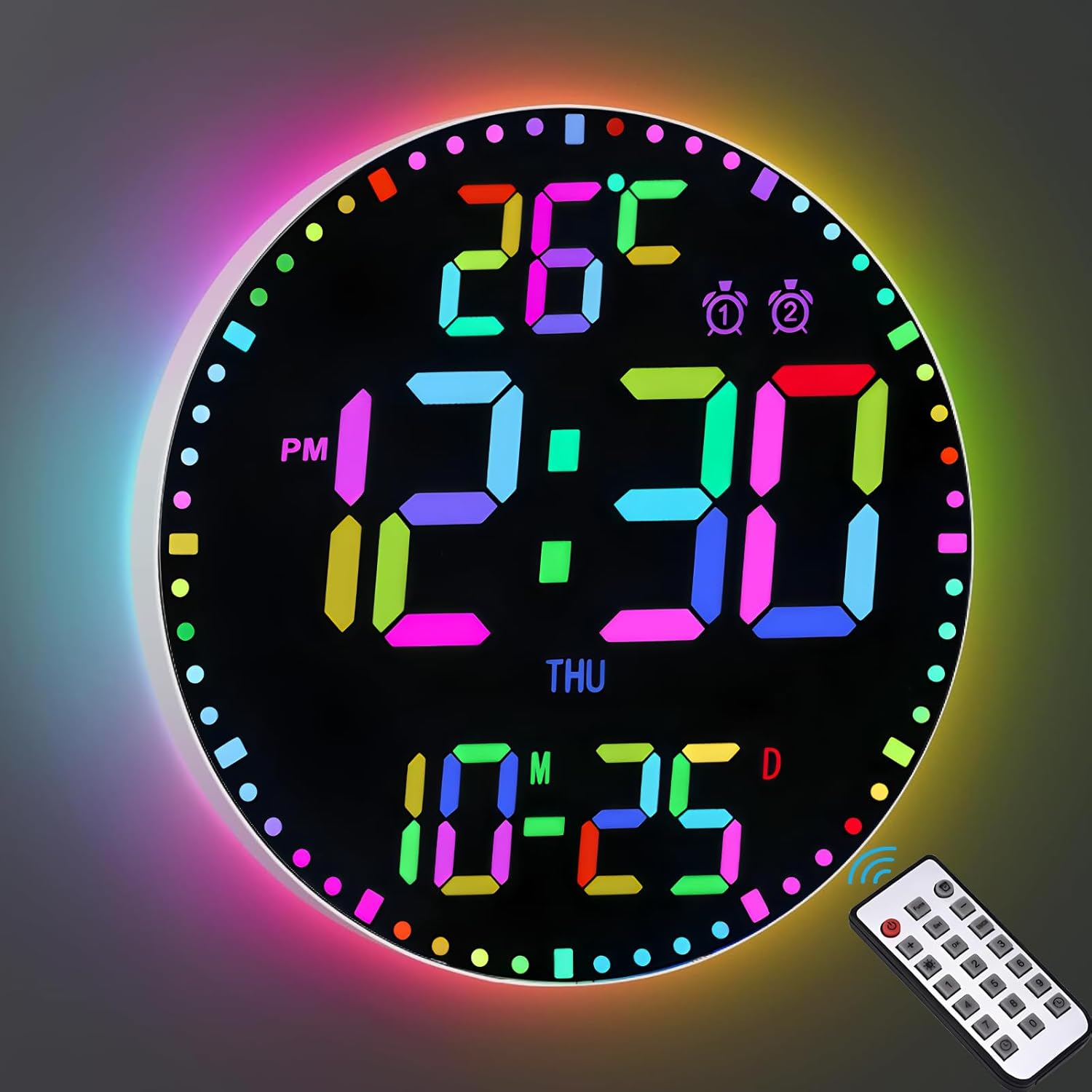 30 cm (12 cali) podświetlany cyfrowy zegar ścienny, duży zegar ścienny LED, 12-kolorowe podświetlenie RGB, z pilotem