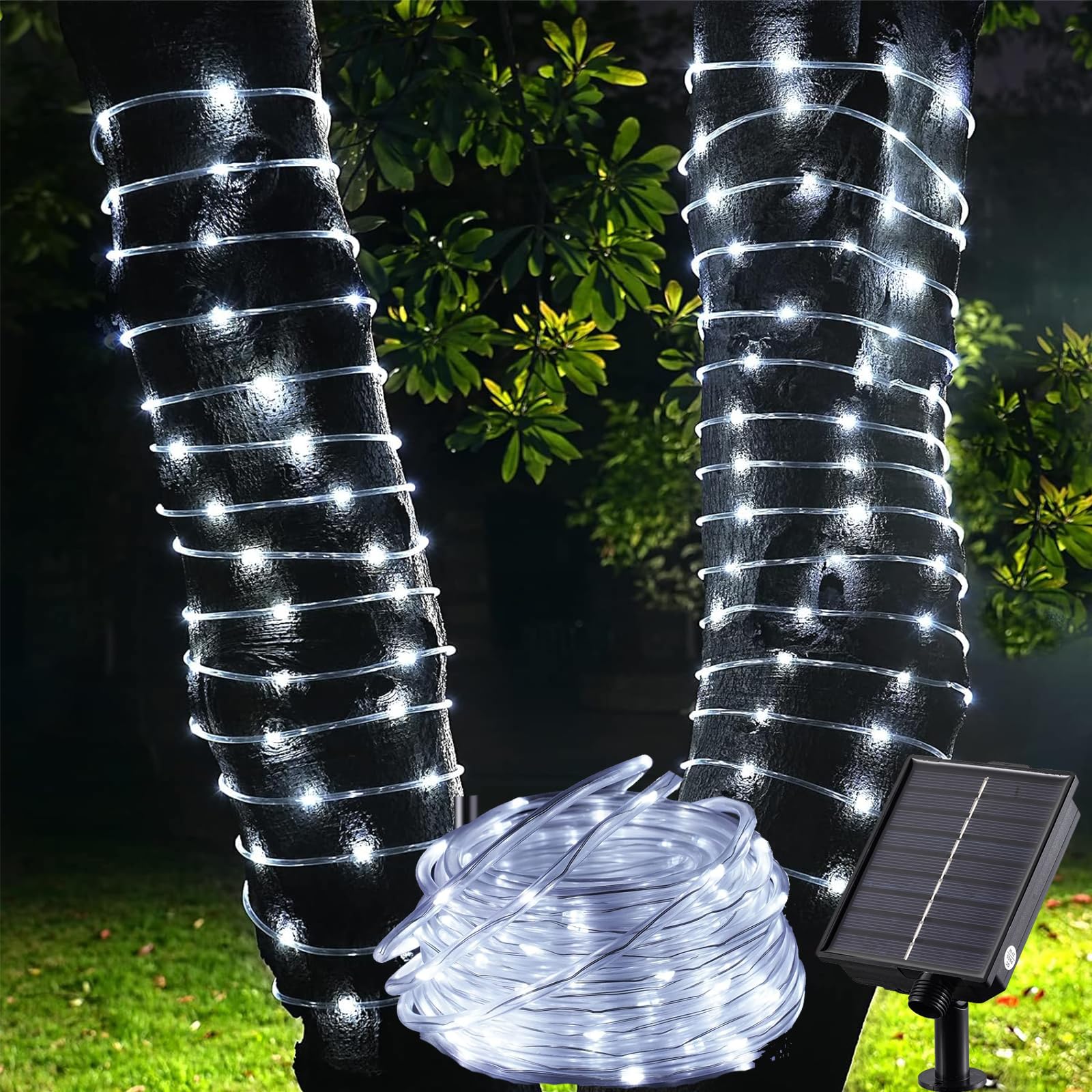 Solarna girlanda zewnętrzna w kształcie węża, 12m, 100 LED, 8 trybów świecenia, wodoodporna, dekoracja do ogrodu, na taras, balkon (biała)
