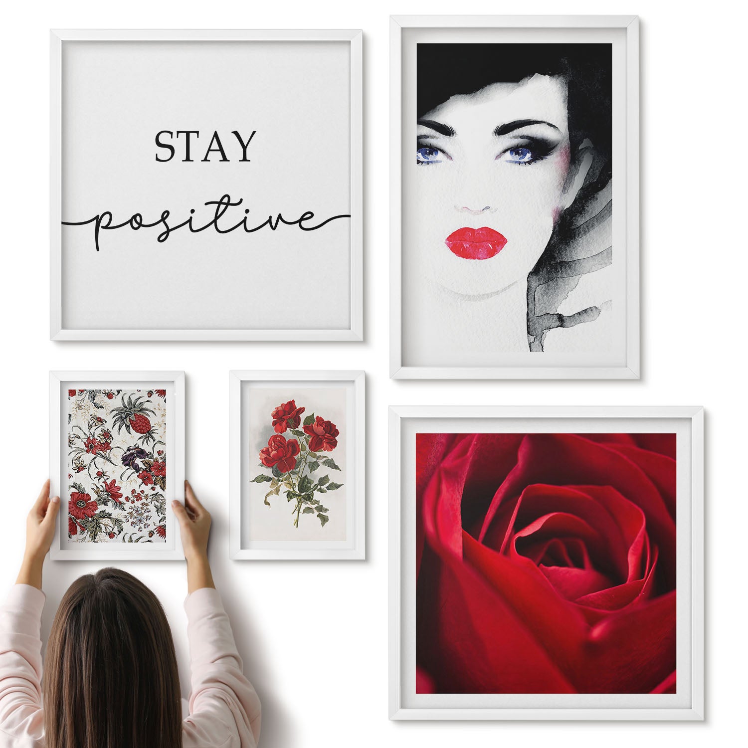 Galeria ścienna 5-częściowy komplet obrazów w białych ramach - Kobiece portrety i kwiatowe motywy w stylu vintage - ArtPrintCave