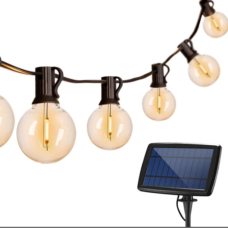 Zewnętrzna girlanda solarna o długości 7,62 m z 25+2 żarówkami G40 LED, wodoodporna, ciepła biel, dekoracja świetlna do ogrodu, na taras lub balkon