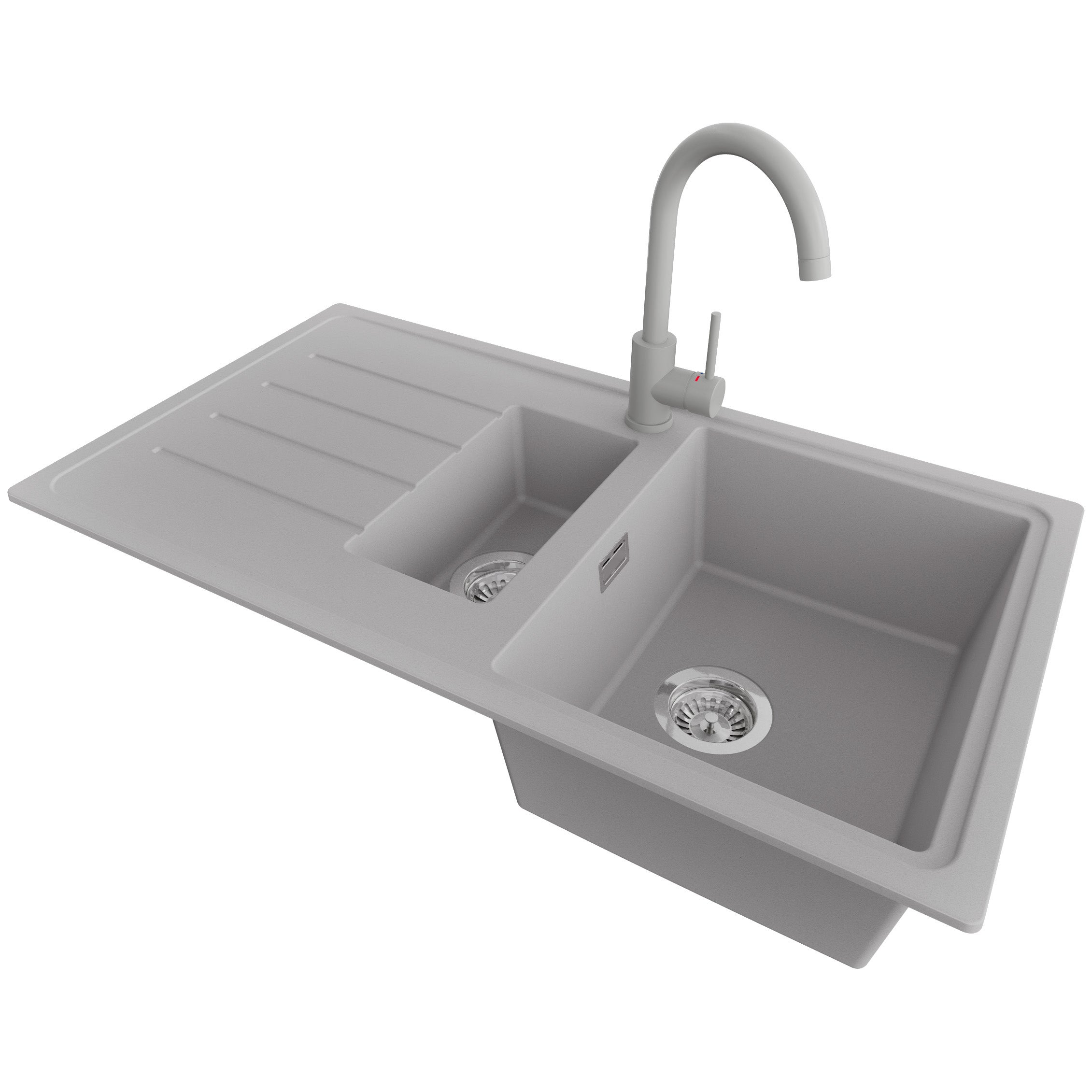 Zlewozmywak Granitowy Szary 90x50cm, Zlew Kuchenny 1,5 Komorowy + Bateria 32x20cm + Syfon, Nablatowy do szafki od 60cm - Kopenhaga Duo PRIMAGRAN
