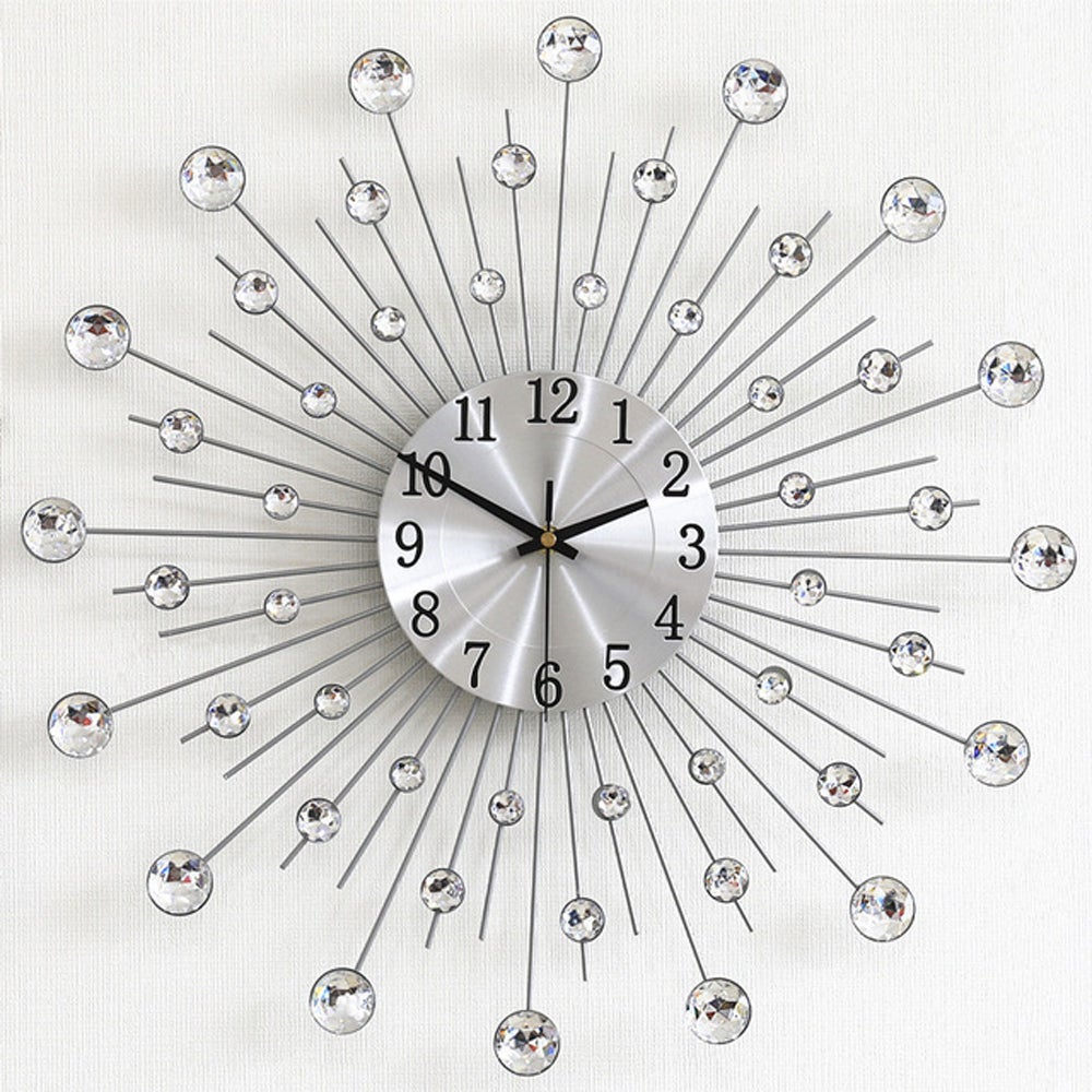 Olbrzymi, srebrny zegar ścienny z kryształkami, cichy metal, nowoczesna dekoracja nordycka, kreatywny design do salonu, sypialni, baru, 50 cm