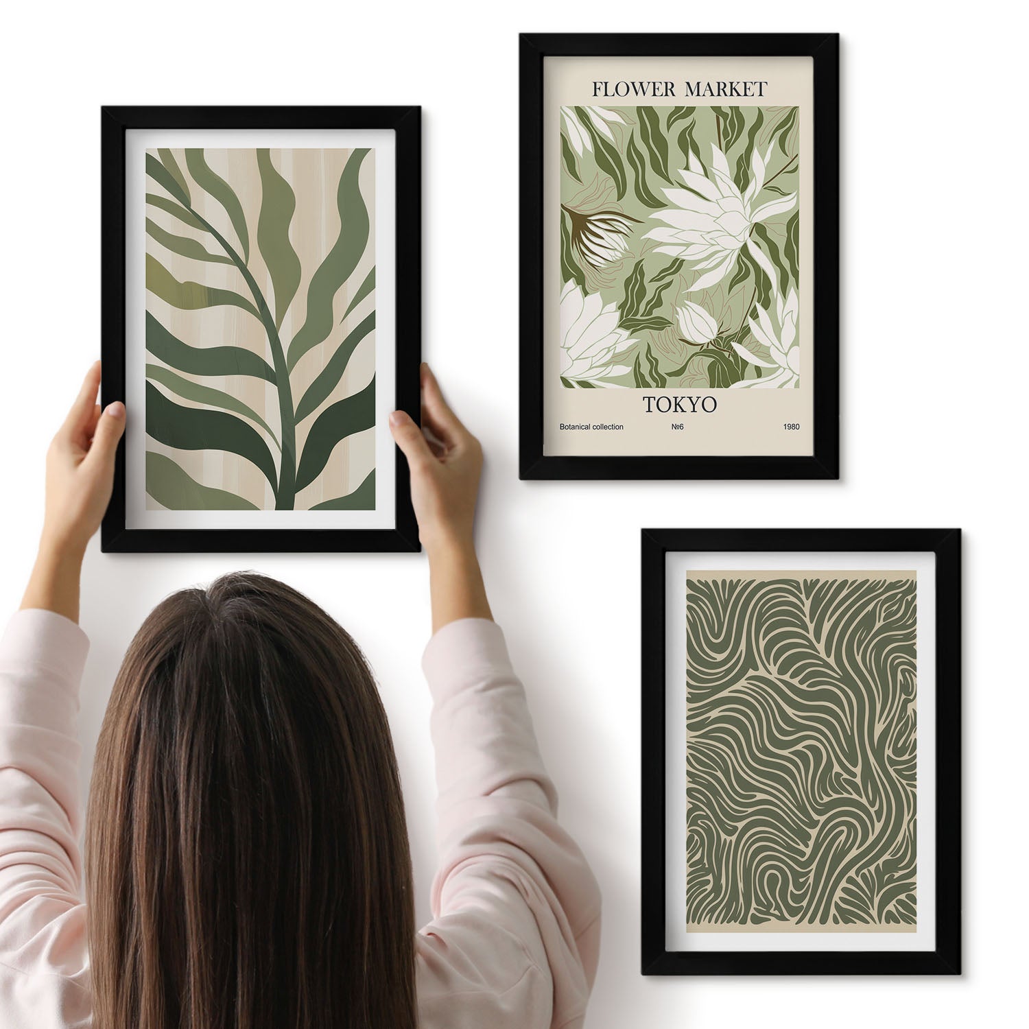 Galeria ścienna 3-częściowy komplet obrazów w czarnych ramach - Roślinne wzory botaniczne dekoracje styl boho - ArtPrintCave