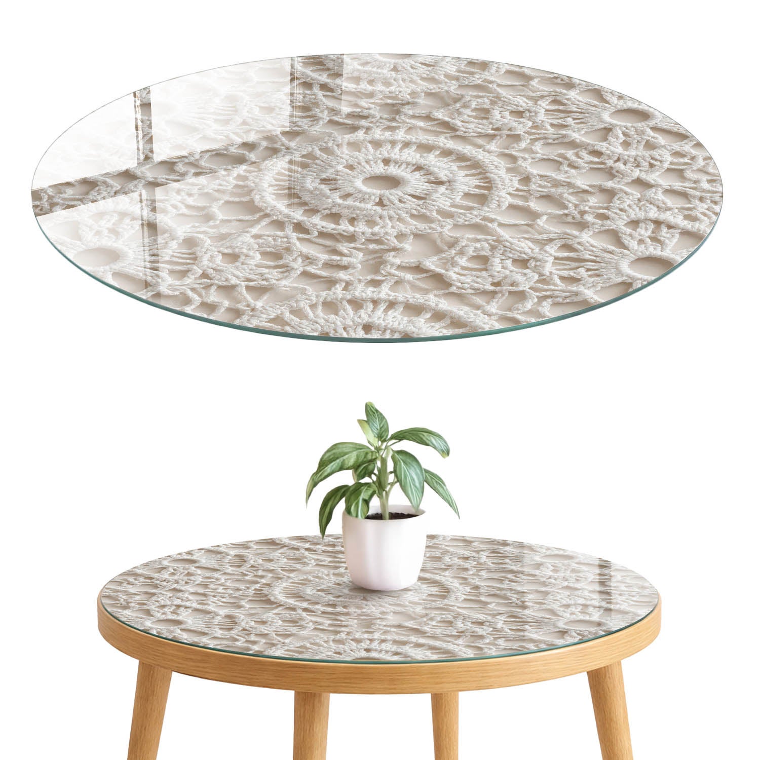 Szklany blat hartowany z wzorem 4 mm - elegancka dekoracja i maskowanie blatu fi50 cm Koronkowe wzory