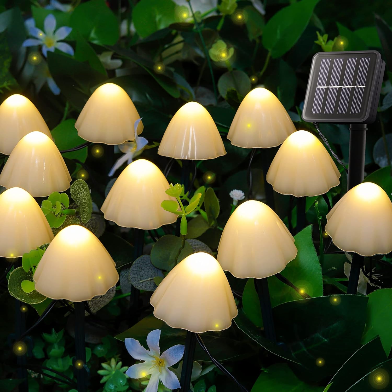 Lampki solarne – Mini lampki solarne w kształcie grzybków – 7 metrów, 50 diod LED – 8 trybów – ciepła biel