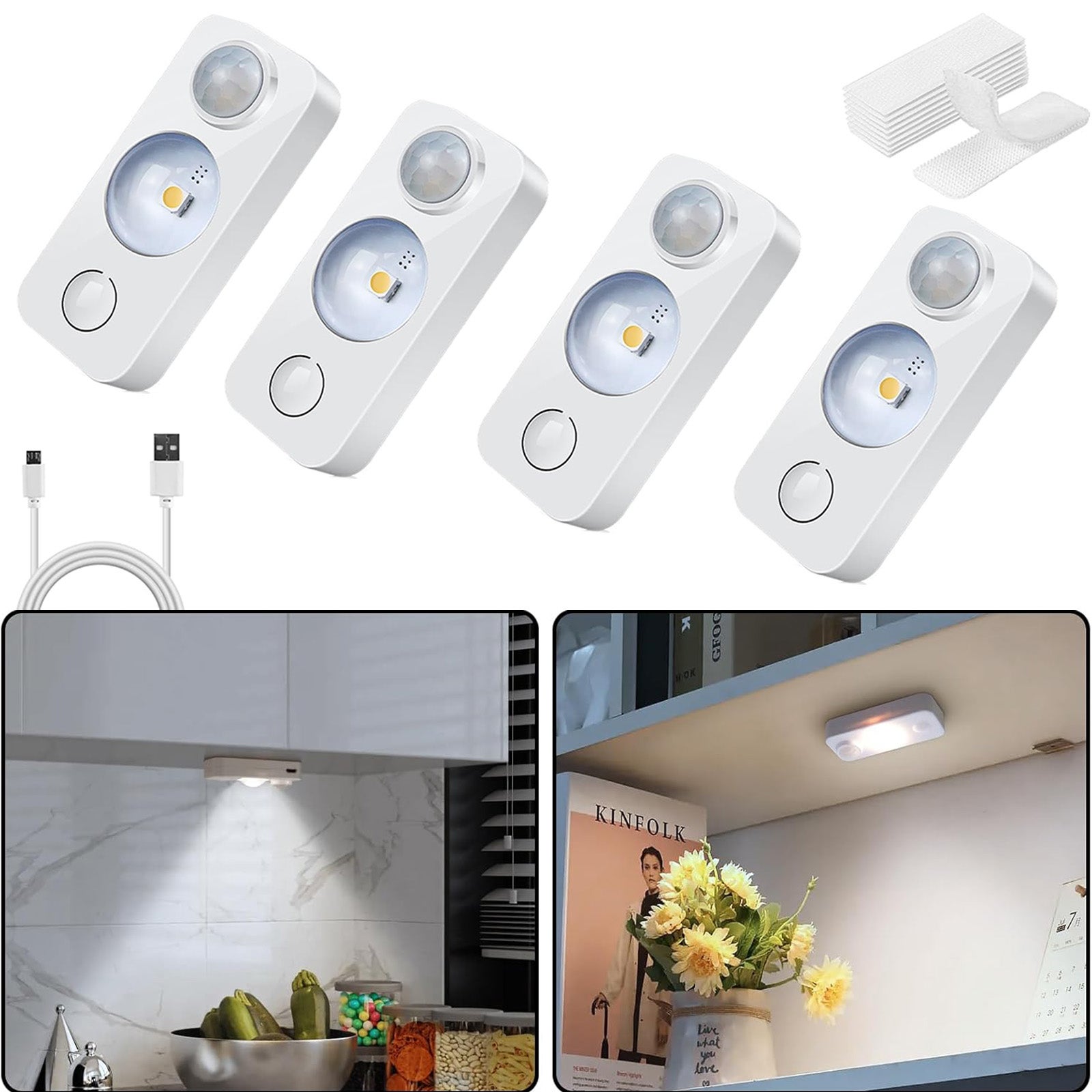 Zestaw lampek LED z czujnikiem ruchu, ściemnialna bezprzewodowa lampka nocna z kablem USB do ładowania oświetlenie szafy