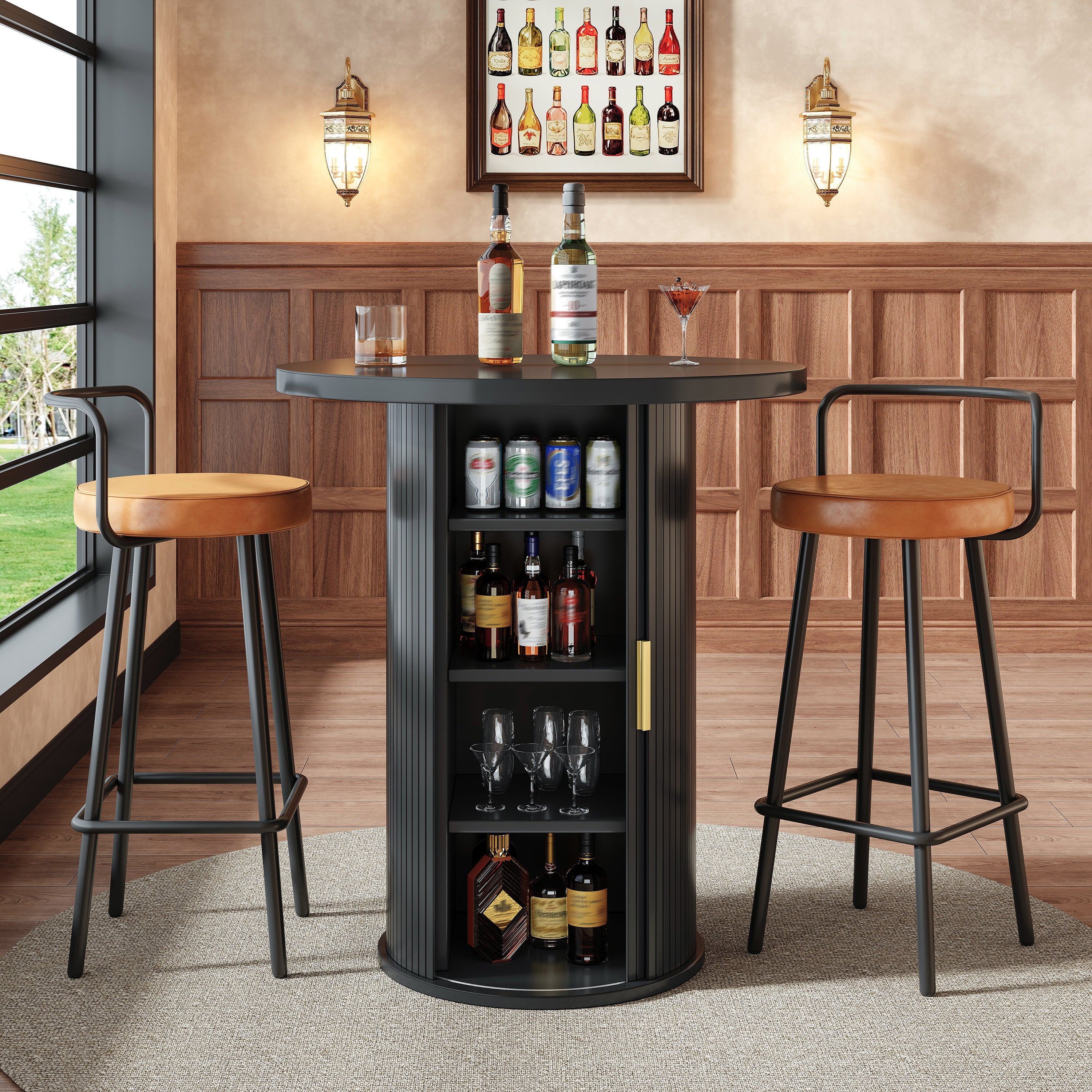 Okrągły stół barowy z 1 drzwiami przesuwnymi i 4 półkami - 60 x 60 x 91,6 cm - MDF i metal - Wzmocniony blat - Styl kolumnowy - Czarny