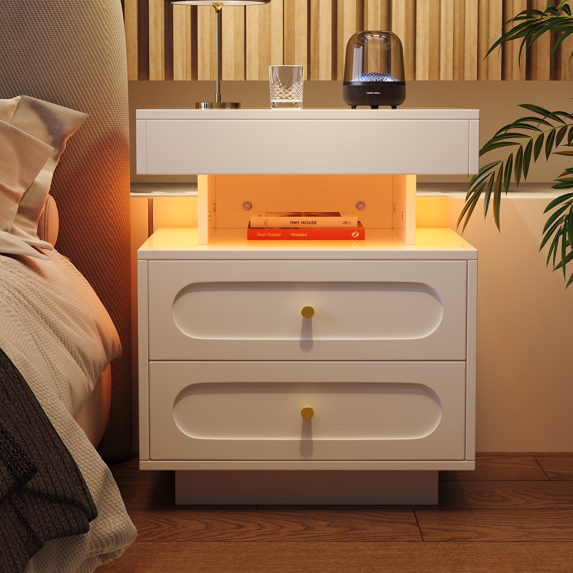 Stolik nocny 50x40x60 cm - z oświetleniem LED - z 2 szufladami i 1 otwartą przestrzenią przechowawczą - Biały