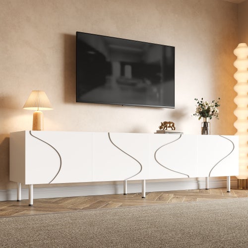 Nowoczesna szafka pod telewizor 170x35x50 cm - Z 4 drzwiami - Nogi cylindryczne metalowe - MDF - Biała