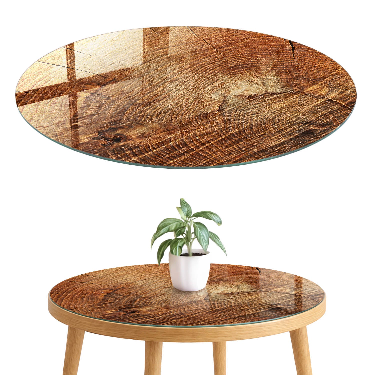 Blat szklany z grafiką i nadrukiem 4 mm - ochrona, dekoracja i metamorfoza mebli fi50 cm Drewniane słoje