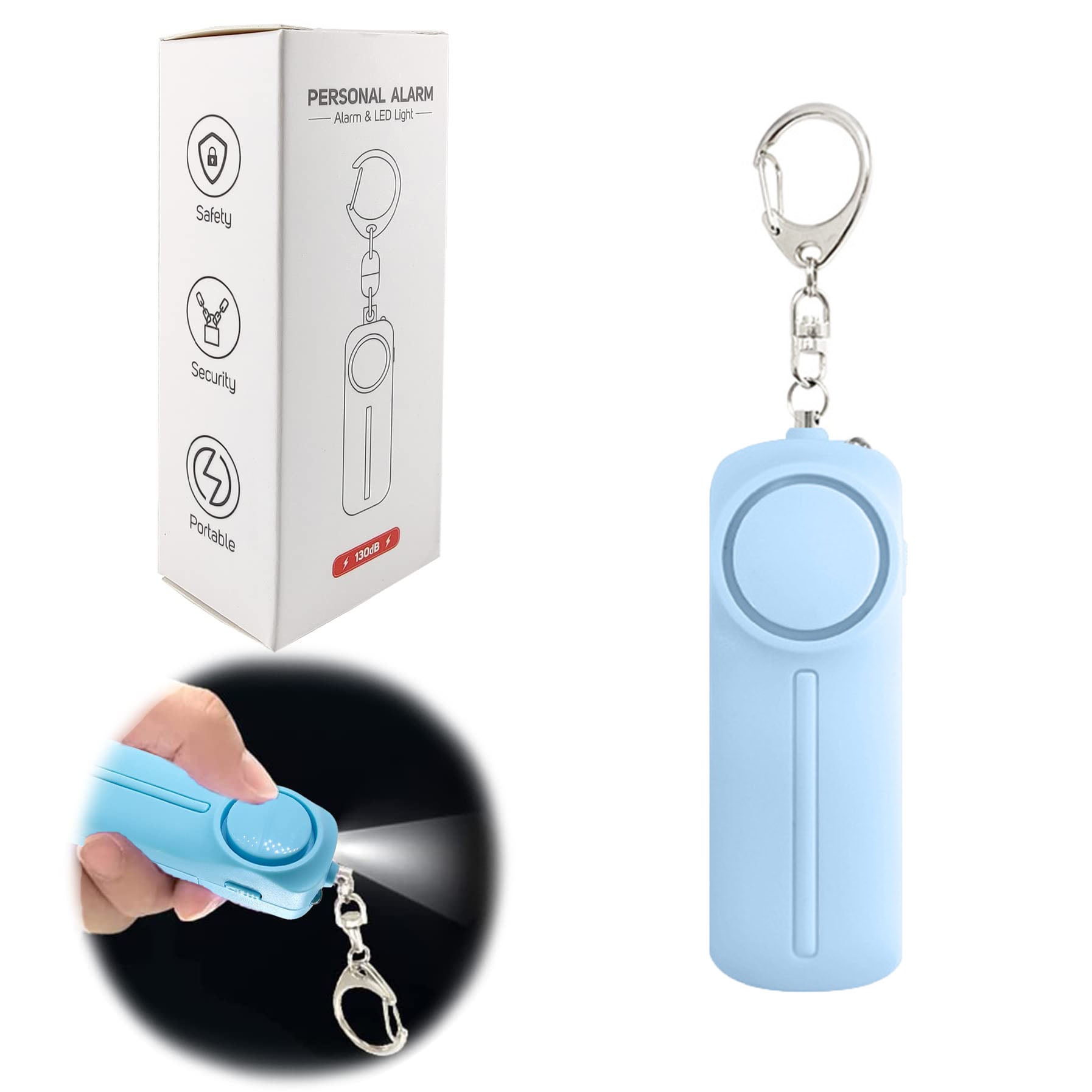 Mini alarm osobisty, dźwiękowy sygnał ostrzegawczy bezpieczeństwa, ze światłem LED, głośność 130 dB, materiał ABS, jasnoniebieski