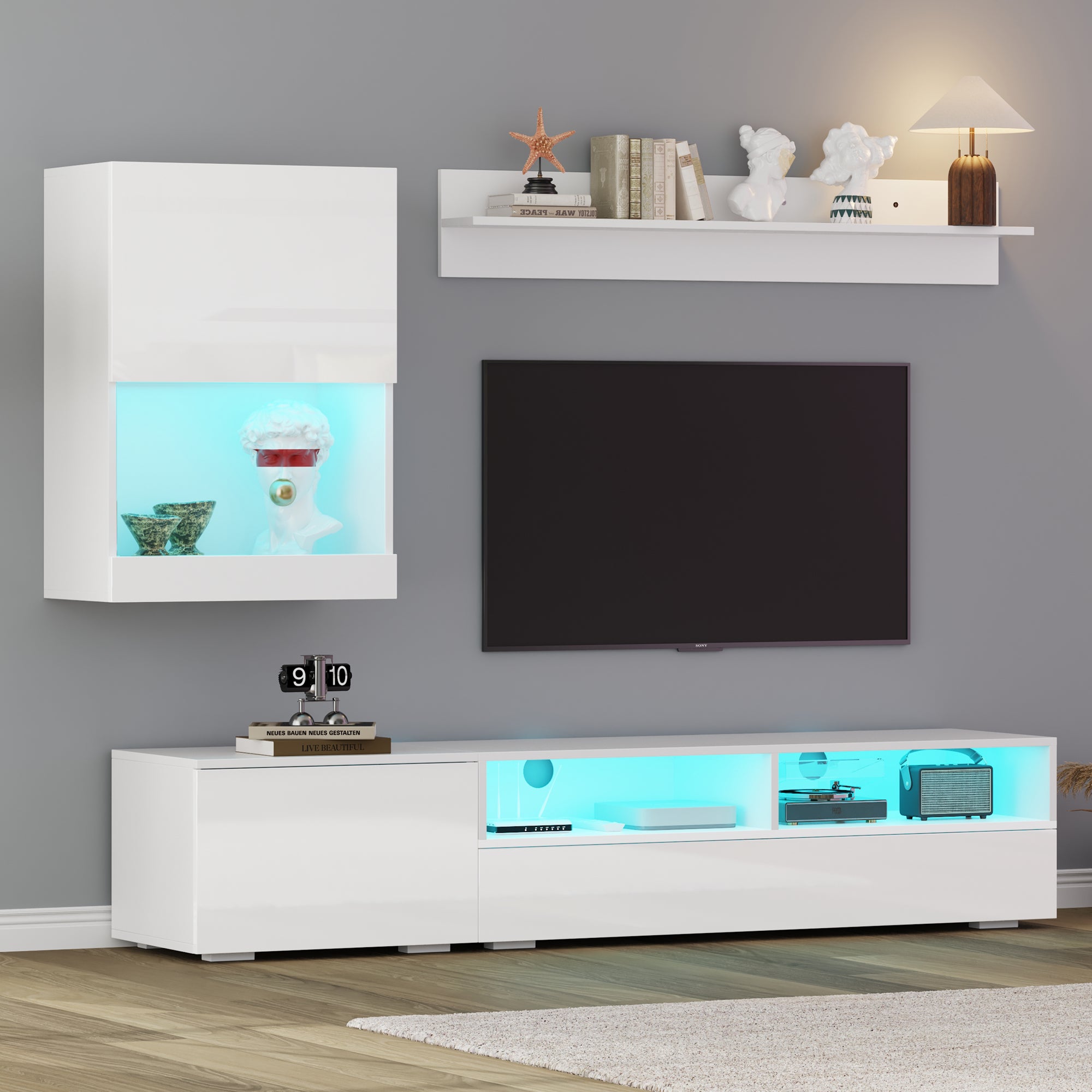 Zestaw szafek RTV z wiszącą witryną i półką - 175 x 39 x 34 cm - Diody LED - Płyta wiórowa - Biały