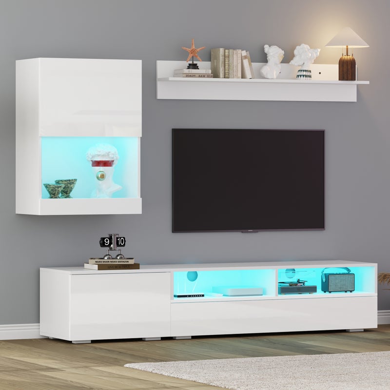 Zestaw szafek RTV z wiszącą witryną i półką - 175 x 39 x 34 cm - Diody LED - Płyta wiórowa - Biały
