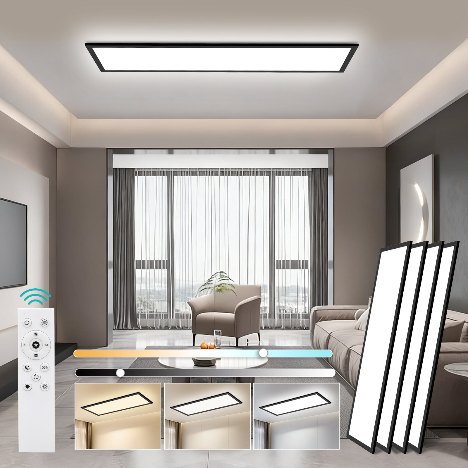 LOVHAUS 4PCS Lampa Sufitowa LED 36W Czarna 120x30 cm, Panel LED Sufitowy Prostokątny Nowoczesny Ściemniający do Salonu, Biura, Kuchni z Pilotem