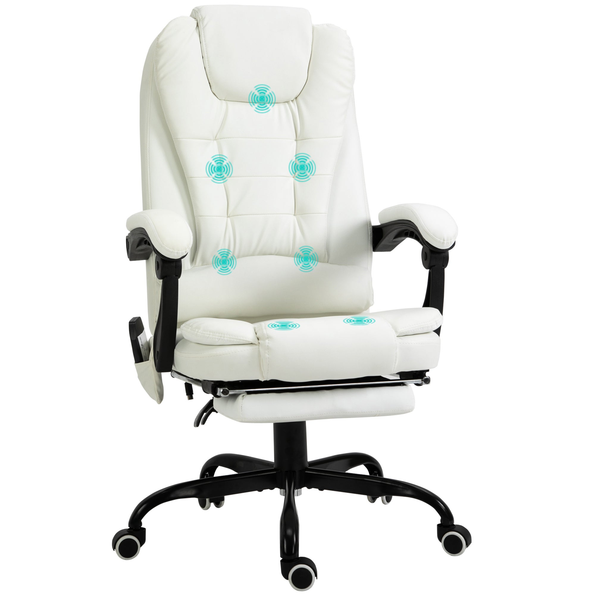 Ergonomiczny fotel biurowy z regulacją wysokości, odchylane oparcie, bezprzewodowy pilot, chowany podnóżek, obrót 360°, biały.
