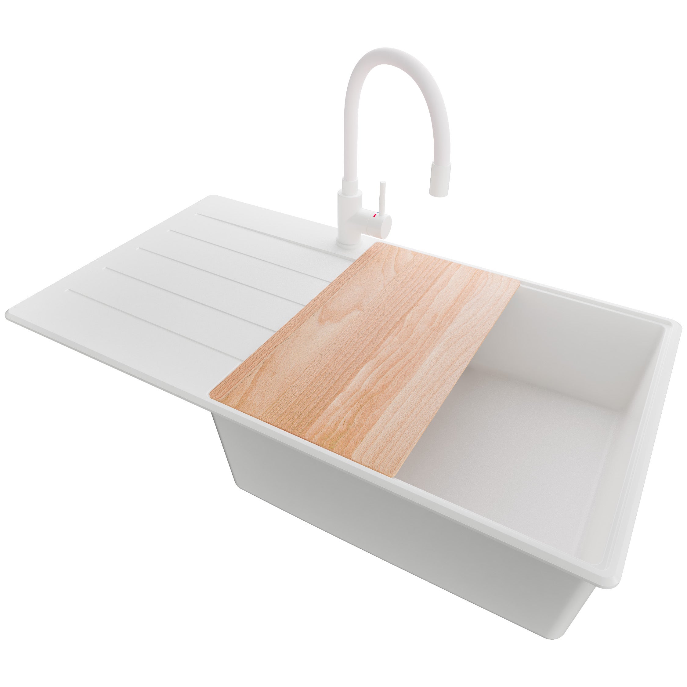 Zlewozmywak Granitowy Biały 90x50cm, Zlew Kuchenny 1 Komorowy + Bateria 38x14cm + Syfon + Deska, Nablatowy do szafki od 60cm - Kopenhaga PRIMAGRAN