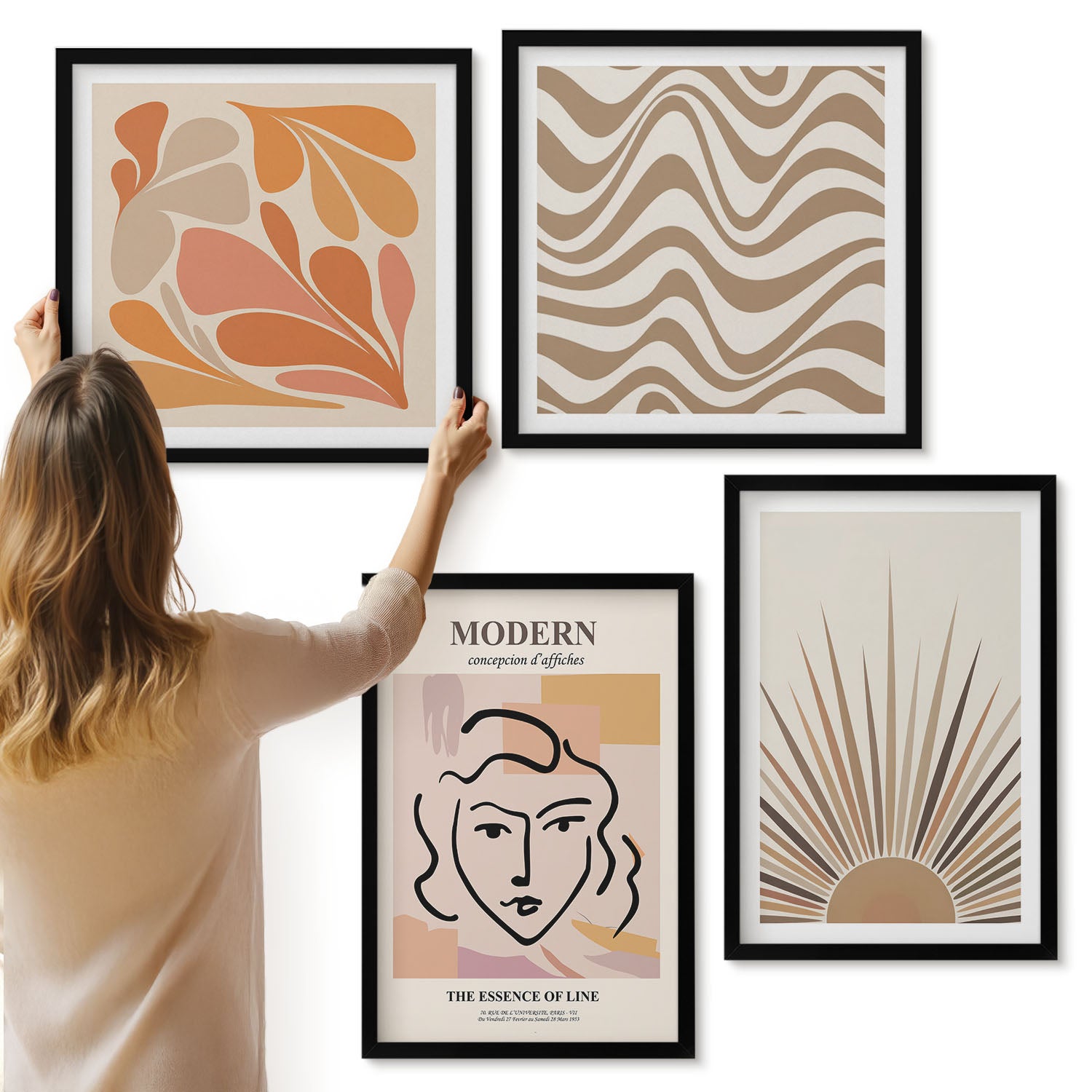 Galeria ścienna 4-częściowy komplet obrazów w czarnych ramach - Słońce boho pastelowe abstrakcyjne kształty poster - ArtPrintCave