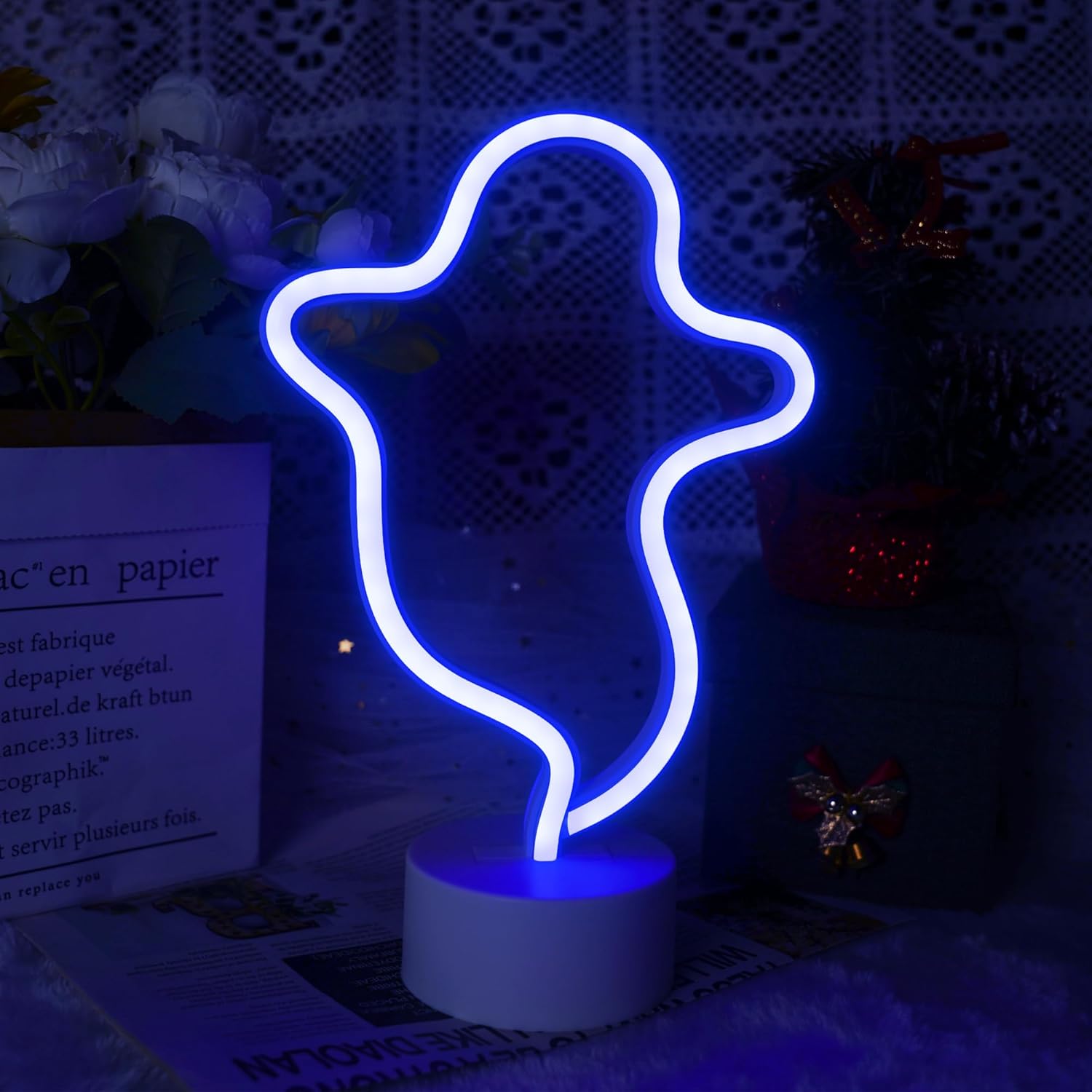 Neonowe światło w kształcie ducha na Halloween do sypialni, zasilane bateryjnie/przez USB, panel świetlny LED, dekoracja świąteczna, urodziny, impreza