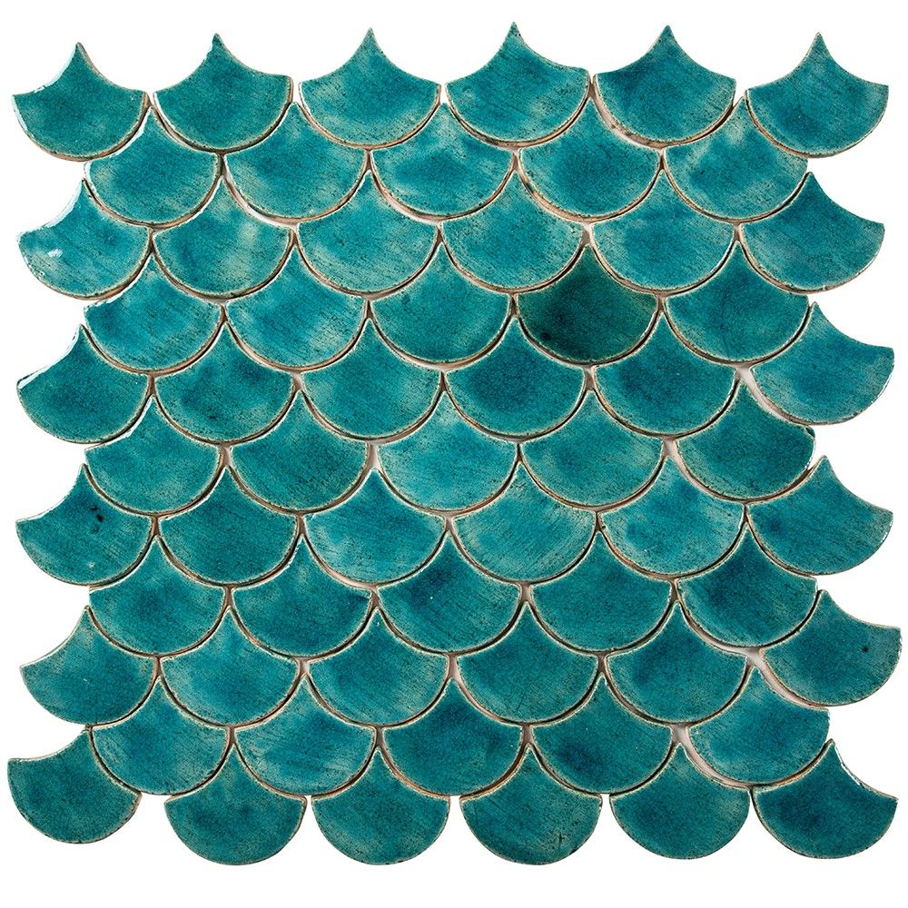 Płytki w kształcie rybiej łuski w kolorze turchesi i niebieskim – "Turquoise Cenote" – 0,3 m²/opak., 49 płytek 10,2×9 cm – łazienka, kuchnia