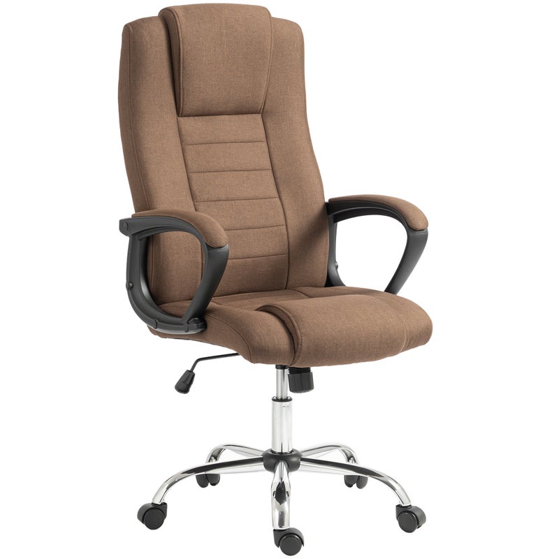 Ergonomiczny, odchylany i obrotowy fotel biurowy z tkaniny imitującej len, z zagłówkiem, brązowy