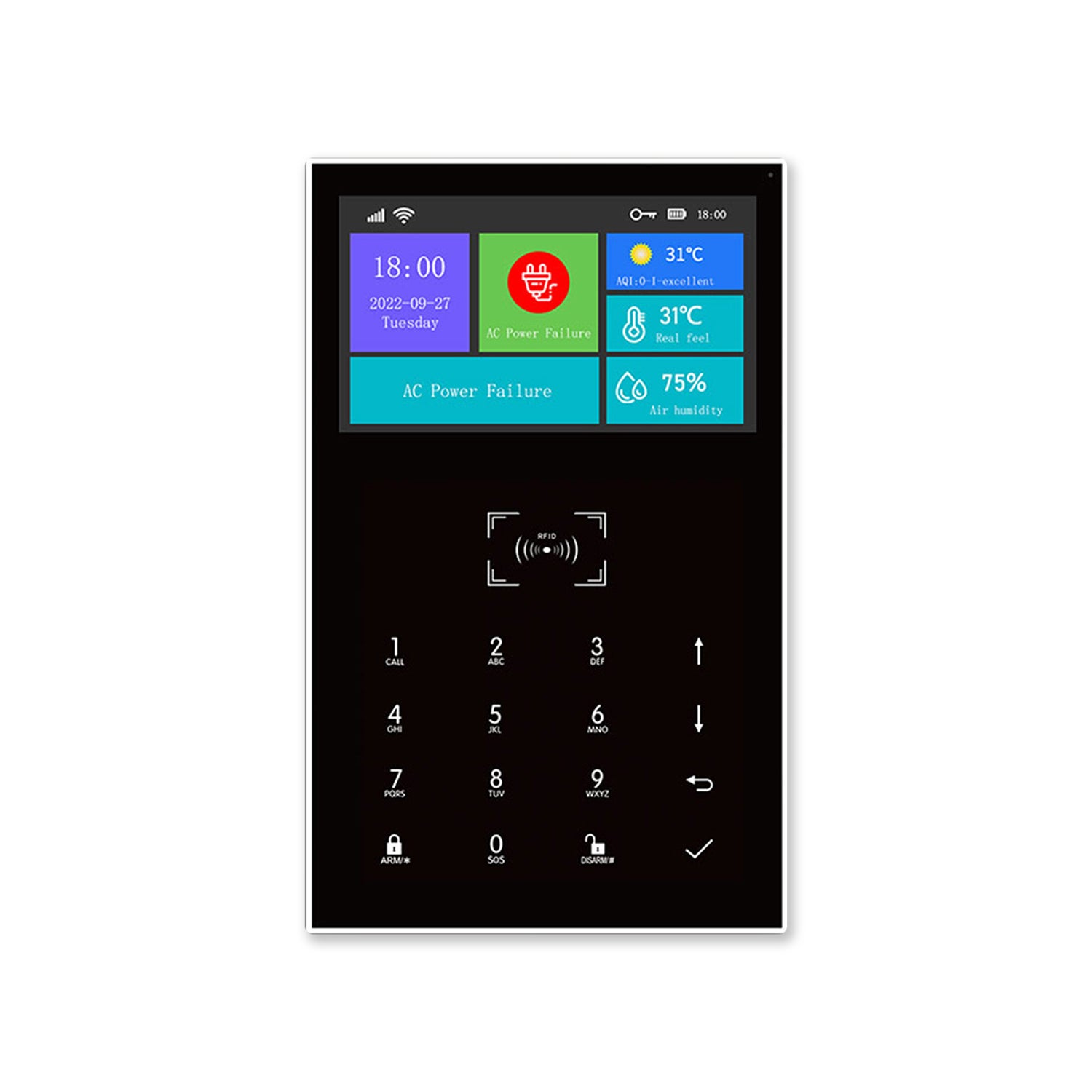 Bezprzewodowy alarm domowy ze zintegrowanym modułem GSM, obudowa 112 x 182 mm, czujnik PIR, 5 tagów RFID, kompatybilny z inteligentną aplikacją