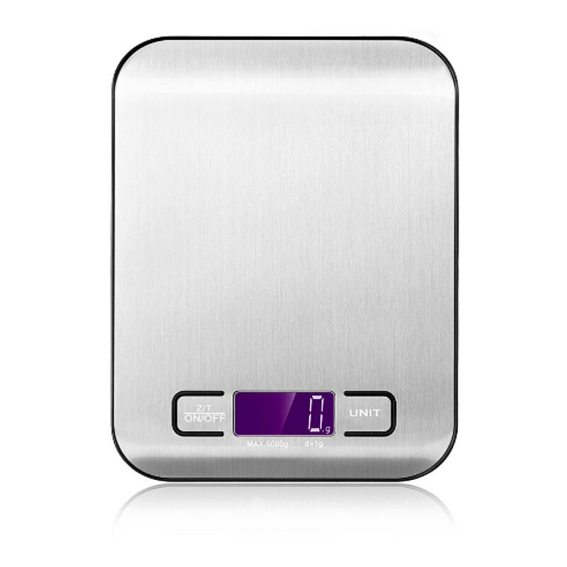 Waga kuchenna, waga spożywcza, waga kuchenna do żywności z ekranem LCD/stal nierdzewna, platforma 18 x 14 cm, maks. udźwig do 5 kg z dokładnością do 1