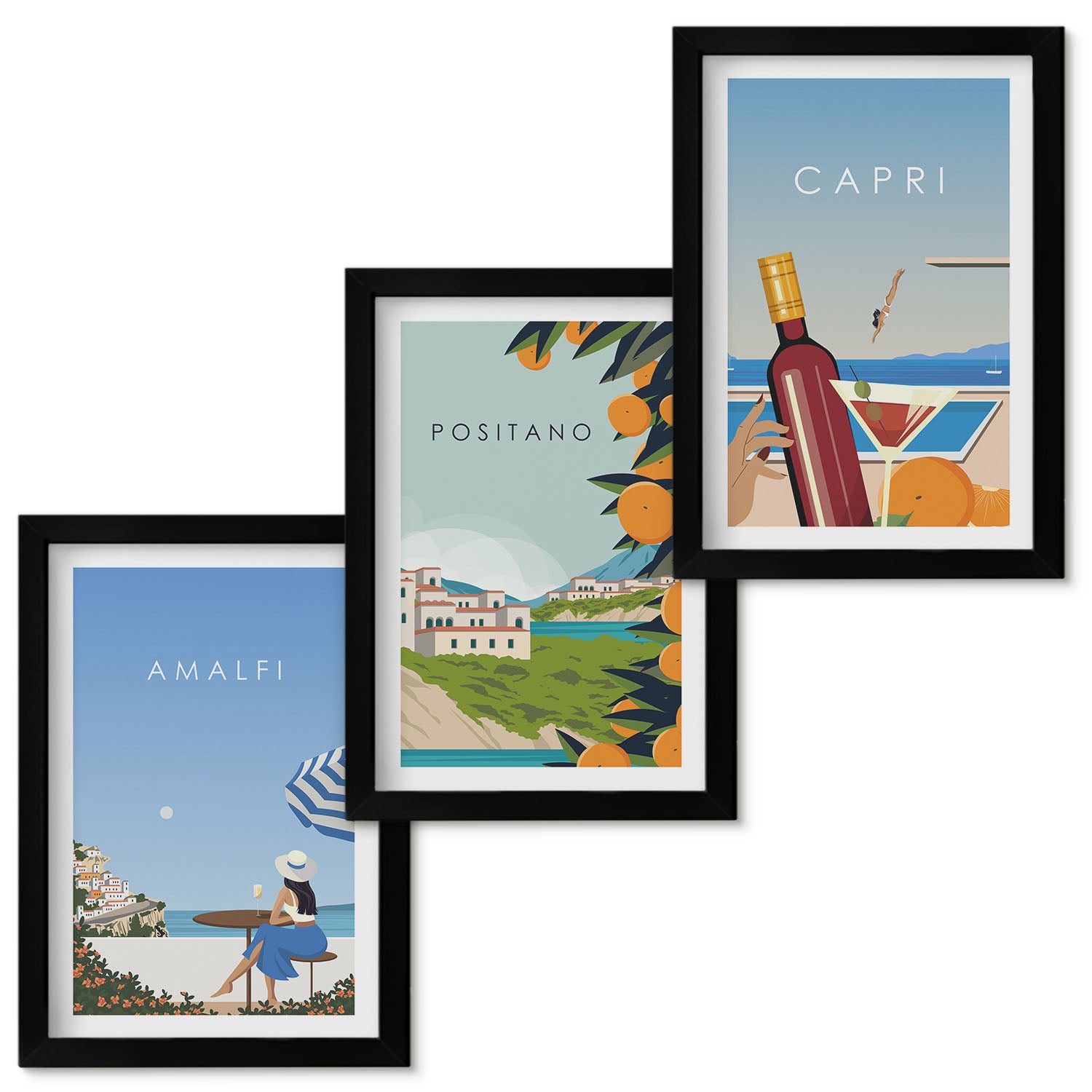 Zestaw obrazów w ramie - 3 części | Wakacyjne widoki Amalfi Positano i Capri | Czarna ramka
