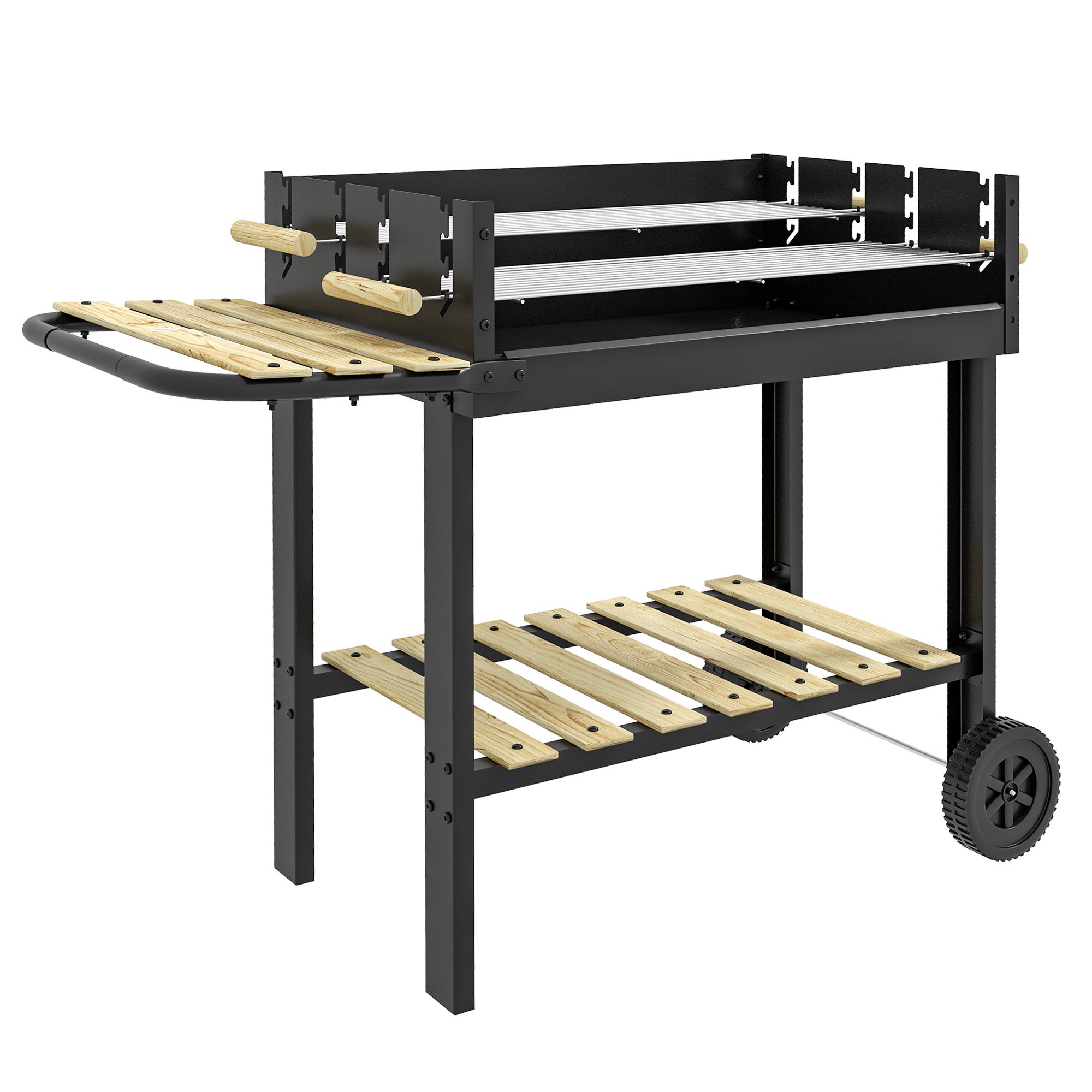 Grill węglowy 113x53,5x82,5 cm z 2 rusztami, regulowaną wysokością, stolikiem bocznym, półką i kółkami do ogrodu, czarny
