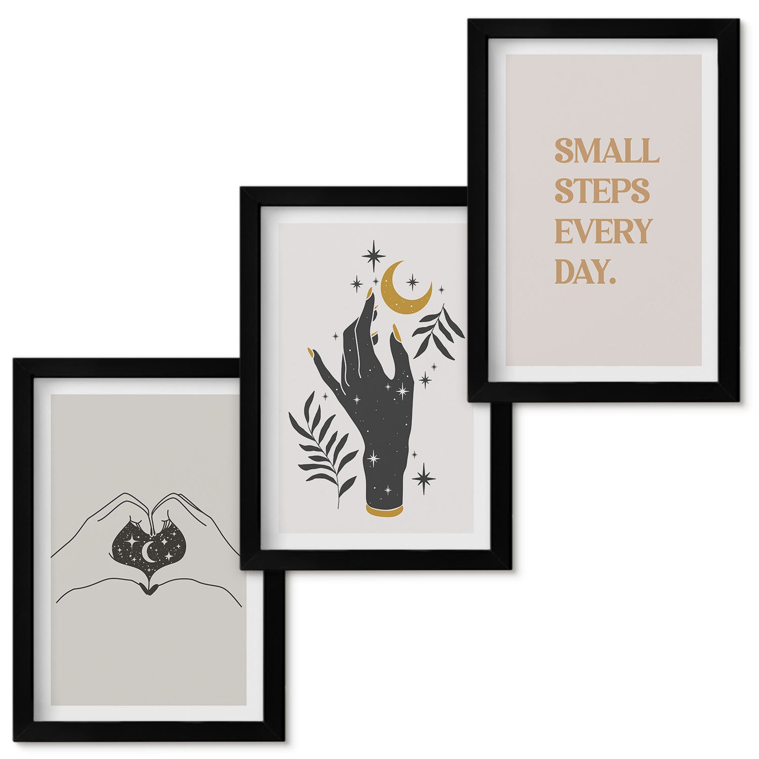 Zestaw obrazów w ramie - 3 części | Minimalistyczne ilustracje inspirujący tekst boho | Czarna ramka