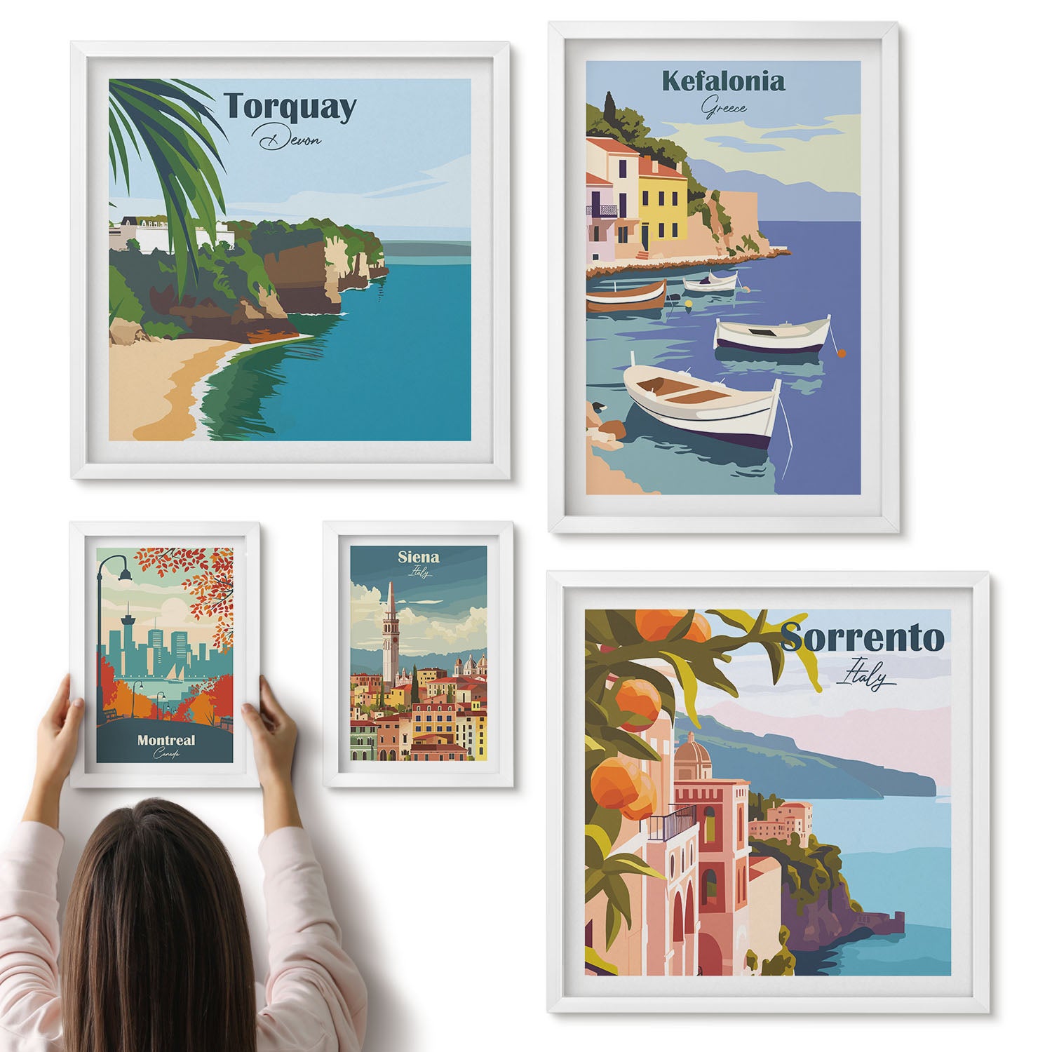 Galeria ścienna 5-częściowy komplet obrazów w białych ramach - Krajobrazy nadmorskie z europejskich miejscowości turystycznych - ArtPrintCave