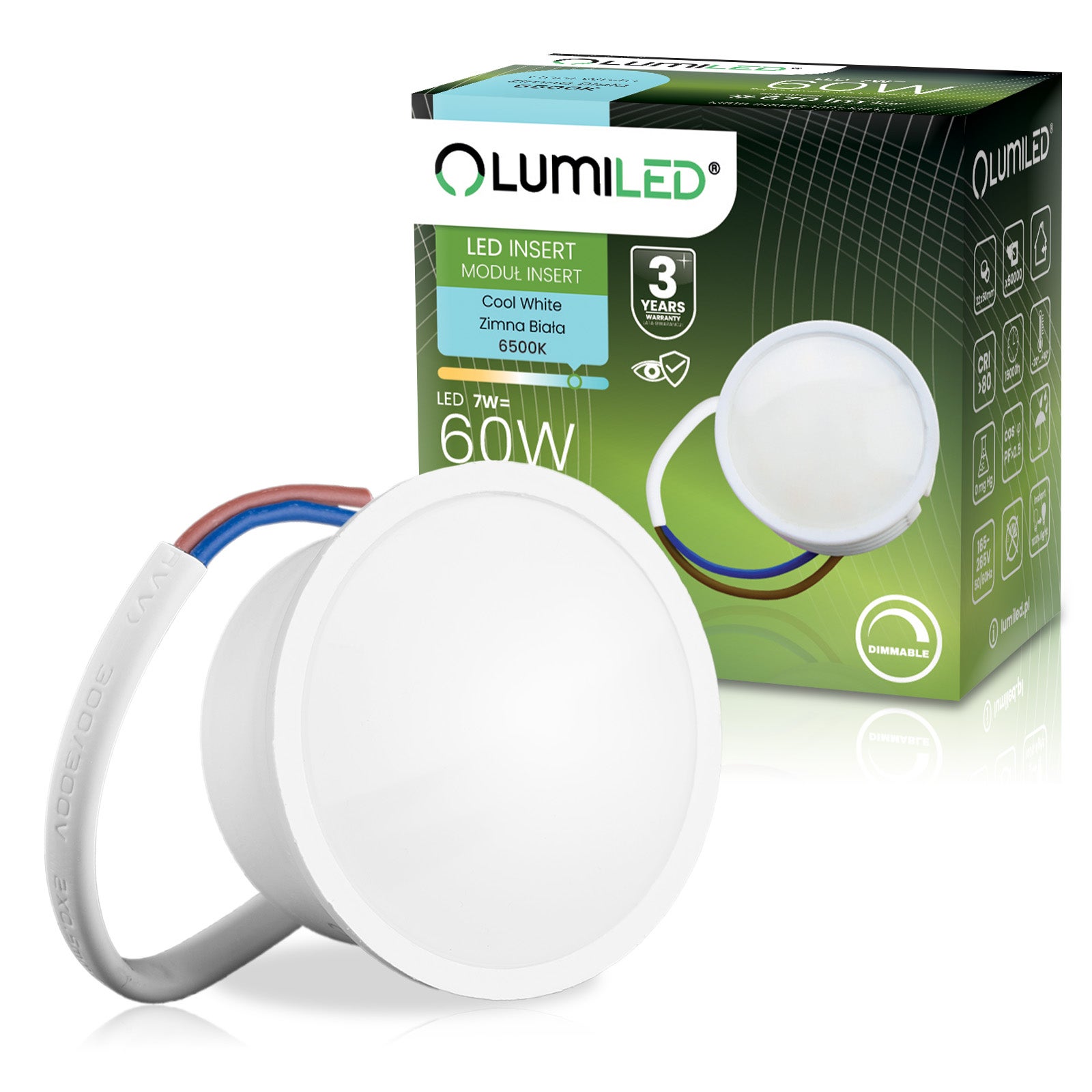 Wkład do Opraw LED Żarówka Moduł INSERT Reflektor 7W 670lm 6500K Zimna biel 120st Ściemnialna 1 szt.